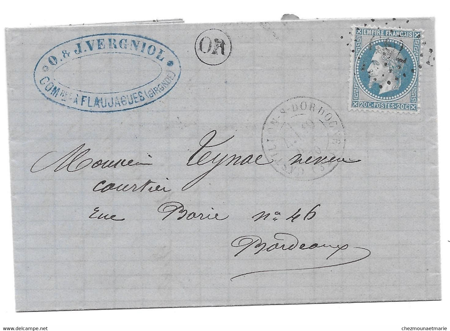 1870 FLAUJAGUES - VERGNIOL POUR BORDEAUX RUE BORIE- NAPOLEON SUR PLI - 1863-1870 Napoleon III With Laurels