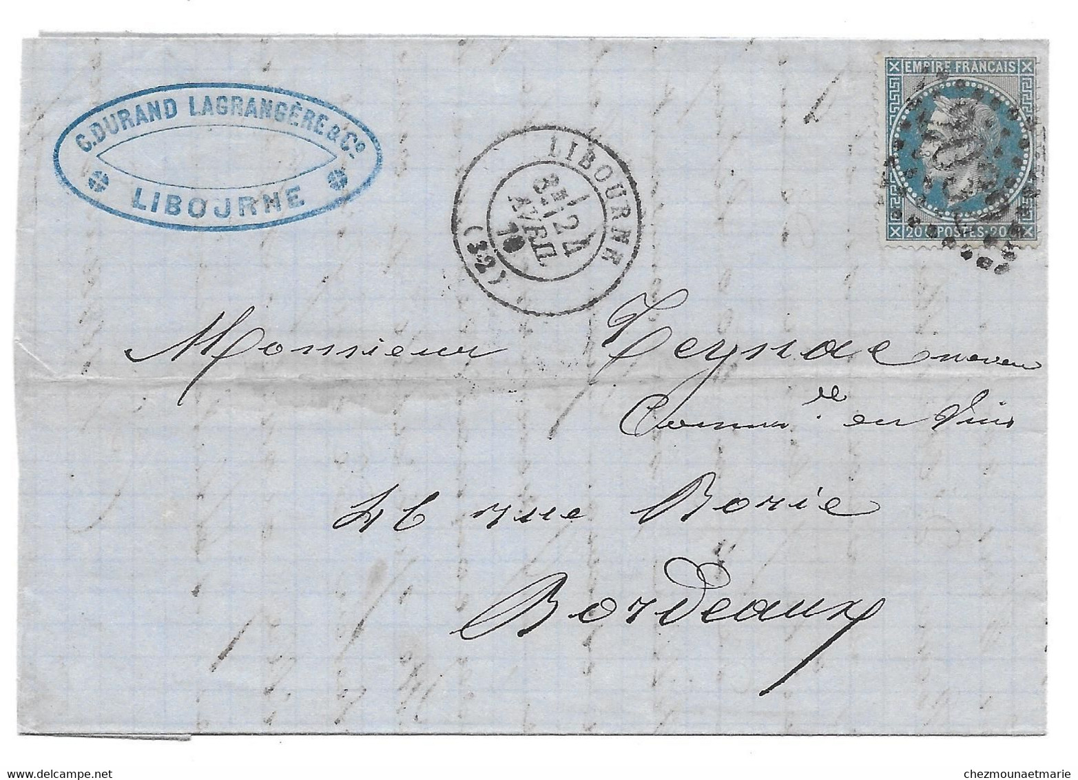 1870 LIBOURNE - DURAND LAGRANGERE POUR BORDEAUX RUE BORIE - NAPOLEON SUR PLI - 1863-1870 Napoleon III With Laurels