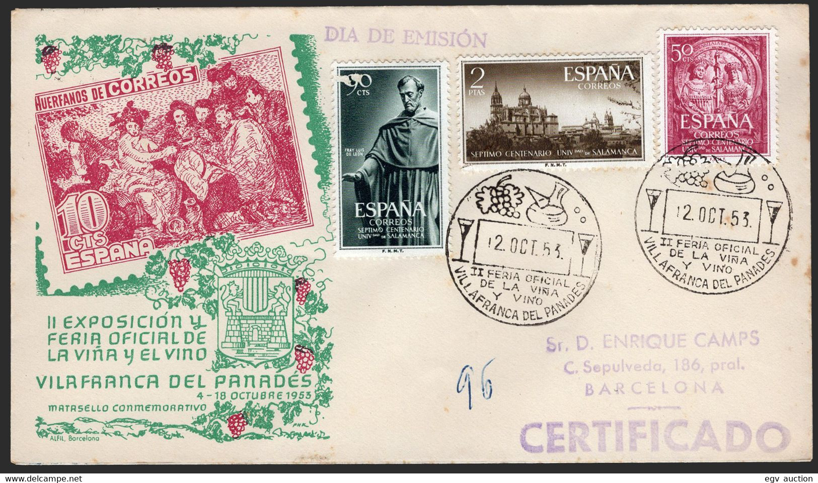 España - Edi O 1126/8 - Fecha "Vilafranca Del Panades 12/10/53 - II Feria Oficial De La Viña Y El Vino" - Cartas & Documentos