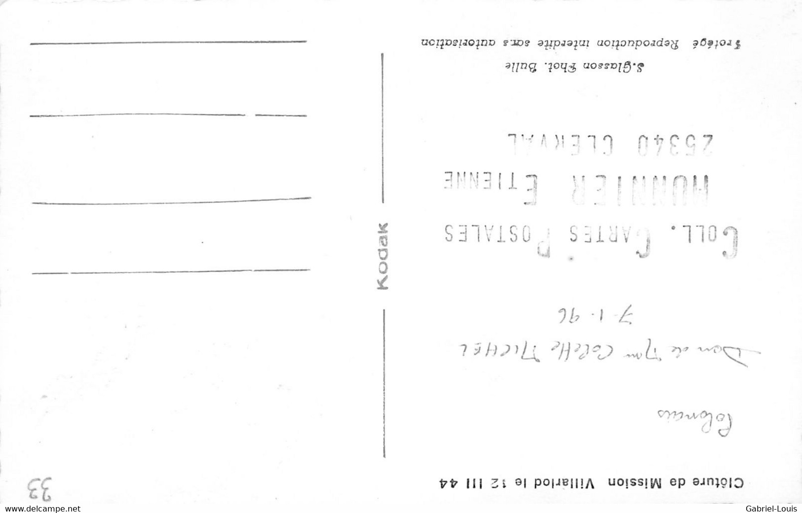 Villarlod - Clôture De Mission 12.03.1944  Commune Du Gibloux ( Farvagny - Rossens - Corpataux- Le Glèbe) - Rossens