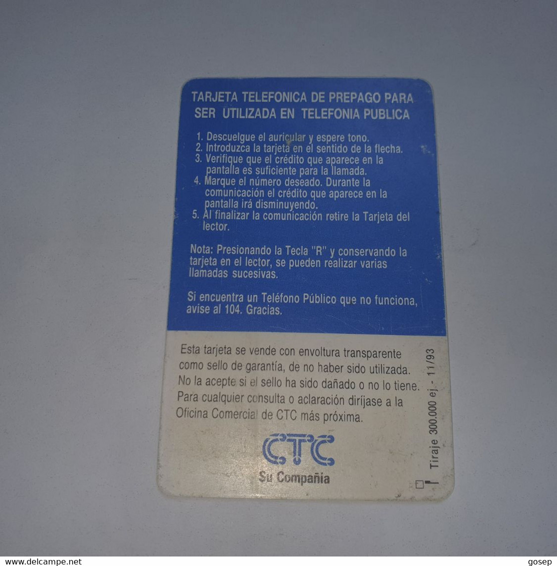 Chile-(cl-ctc-001a)-blue Public Gemi-(77)-($5.000)-()-(11/1993)-(300.000)-used Card+1card Prepiad Free - Chili