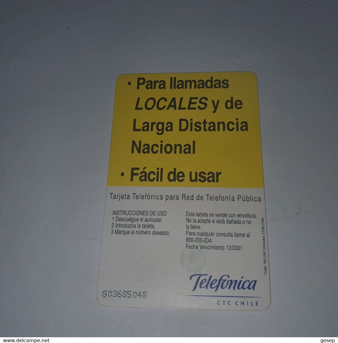 Chile-(cl-tlf-012)-promocion-(92)-($450)-(G03685048)-(12/1999)-(350.000)-used Card+1card Prepiad Free - Chili