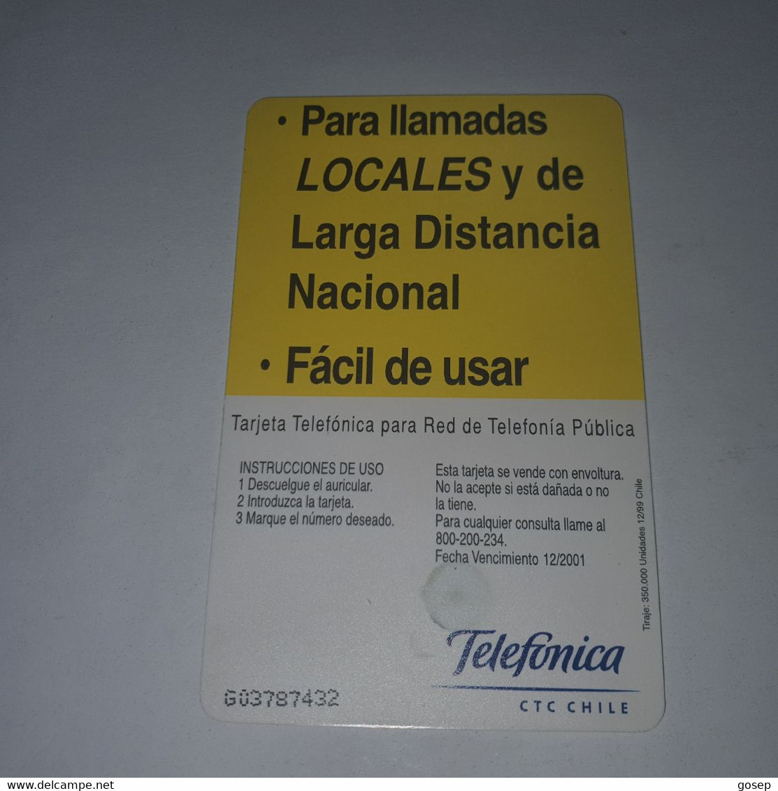 Chile-(cl-tlf-012)-promocion-(96)-($450)-(G03787432)-(12/1999)-(350.000)-used Card+1card Prepiad Free - Chile