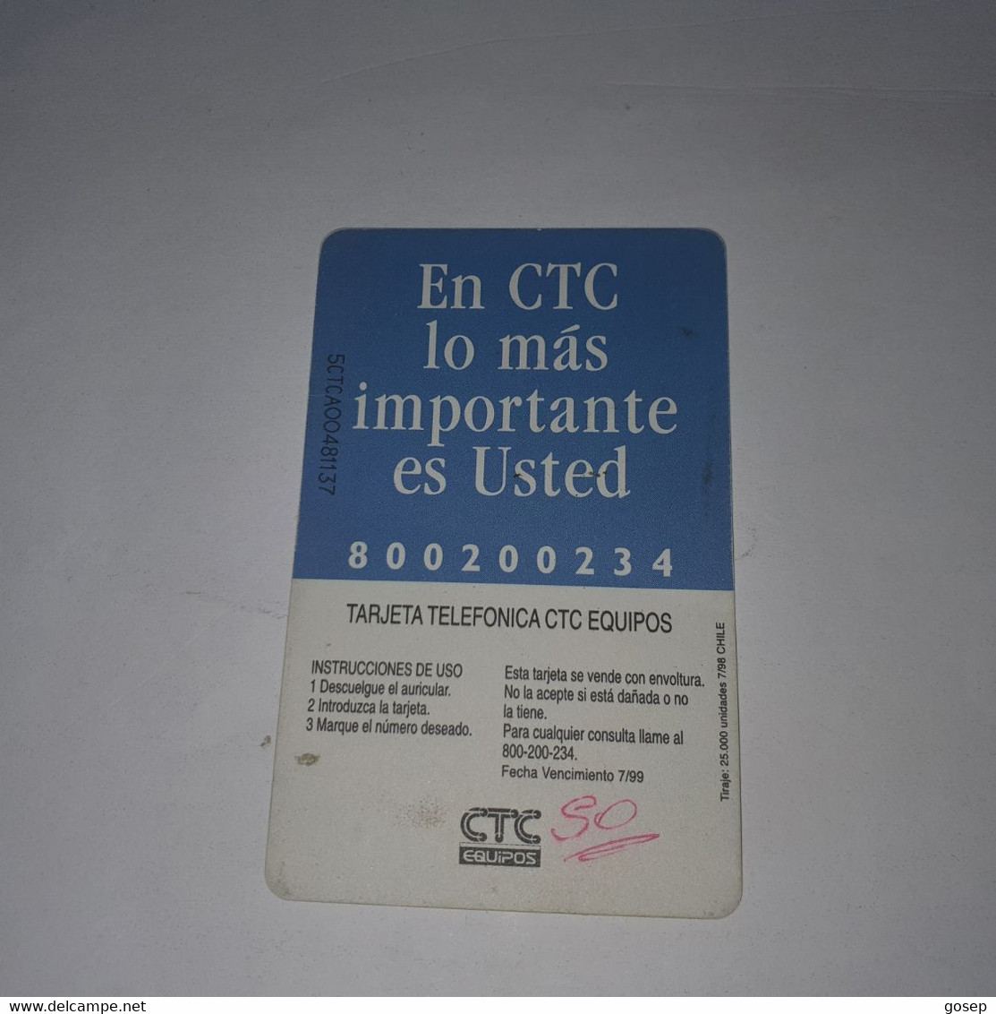 Chile-(cl-ctc-049)-angelmo2-(108)-($5.000)-(5CTCA00481137)-(7/1998)-(25.000)-used Card+1card Prepiad Free - Chile