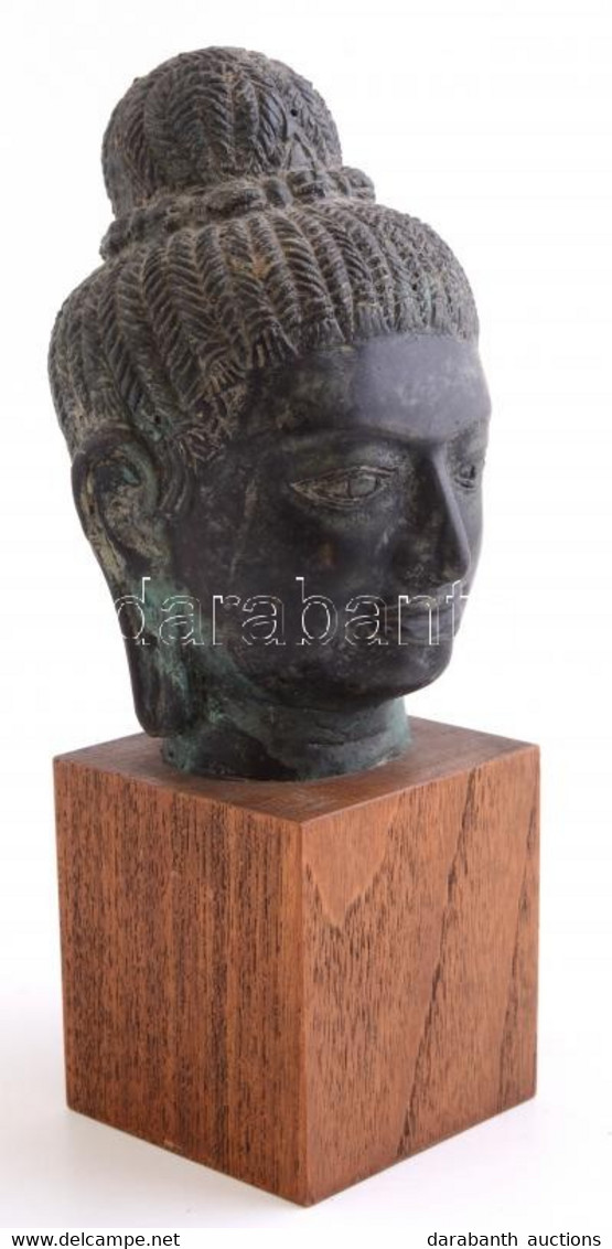 Bronz Buddha Fej, Fa Talapzaton. 24 Cm - Altri & Non Classificati