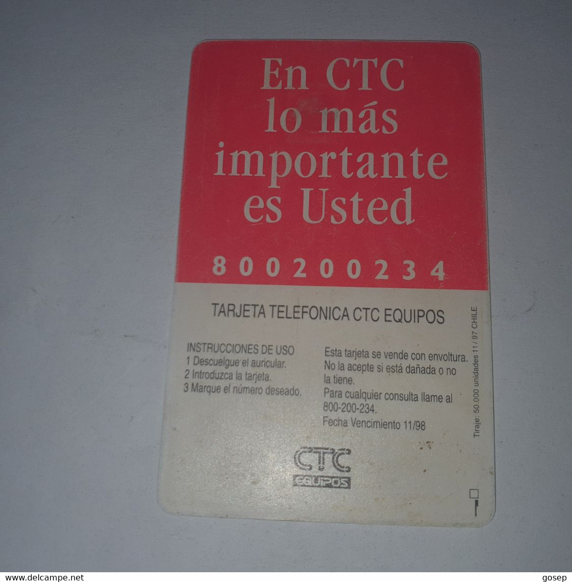 Chile-(cl-ctc-0040)-el Morro Arica-(111)-($3.000)-(chip Big)-(11/1997)-(50.000)-used Card+1card Prepiad Free - Chile