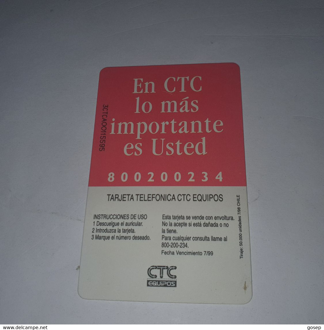 Chile-(cl-ctc-0047)-el Morro Arica2-(114)-($3.000)-(3CTCA00115595)-(7/1998)-(50.000)-used Card+1card Prepiad Free - Chili