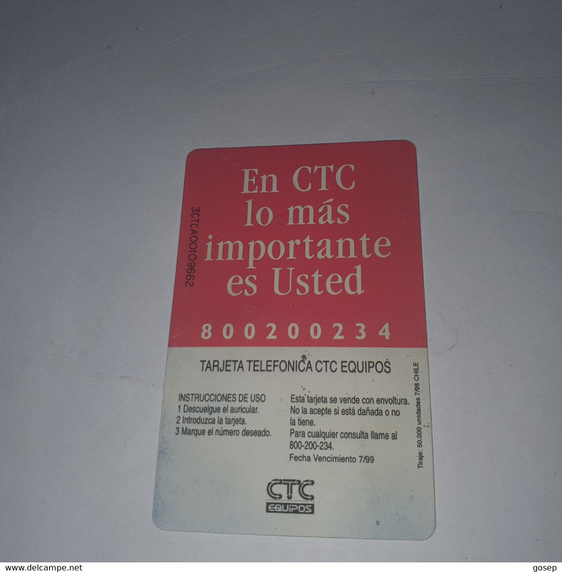 Chile-(cl-ctc-0047)-el Morro Arica2-(115)-($3.000)-(3CTCA00109662)-(7/1998)-(50.000)-used Card+1card Prepiad Free - Chili