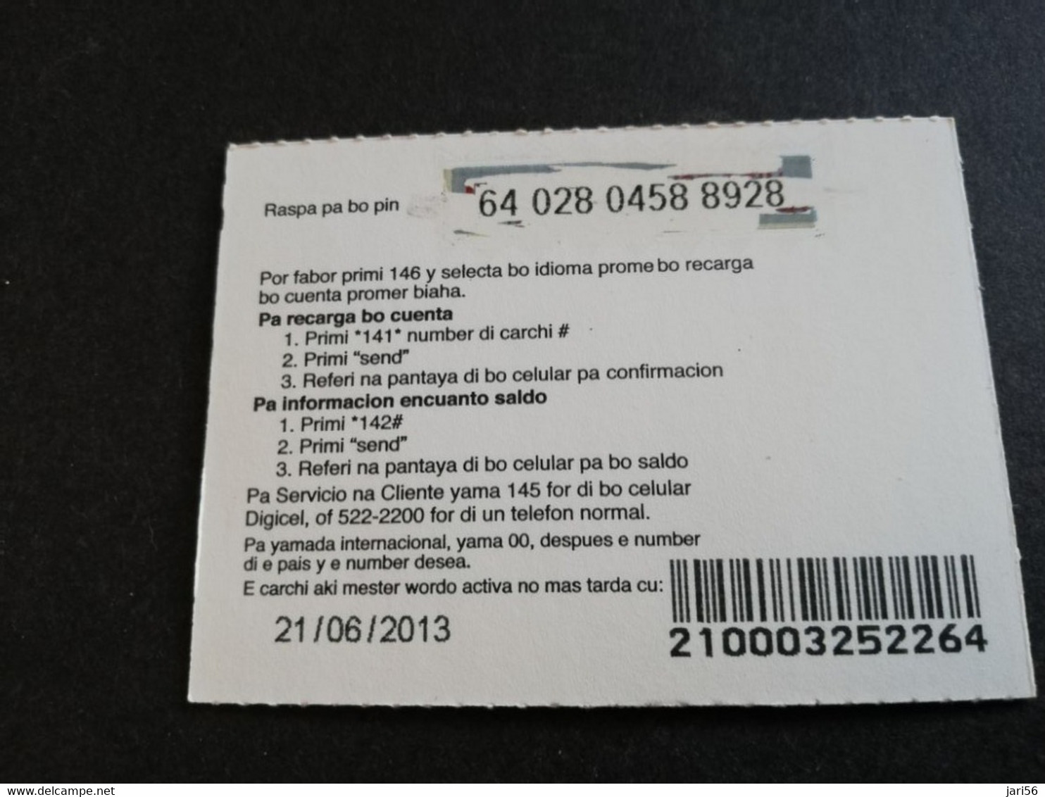 ARUBA PREPAID CARD FLEXCARD  DATE 21/06/2013  COASTAL VIEUW               AFL5,-    Fine Used Card  **5008** - Aruba