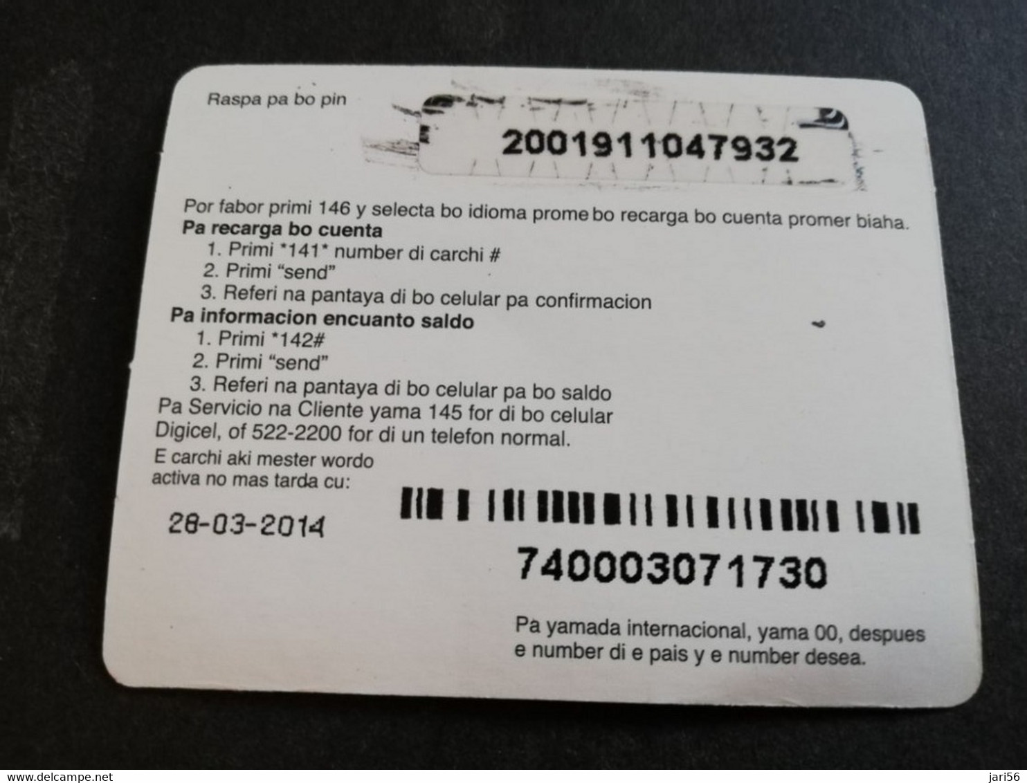 ARUBA PREPAID CARD FLEXCARD  DATE 28/03/2014  MAN ON PHONE                AFL10,-    Fine Used Card  **5014** - Aruba