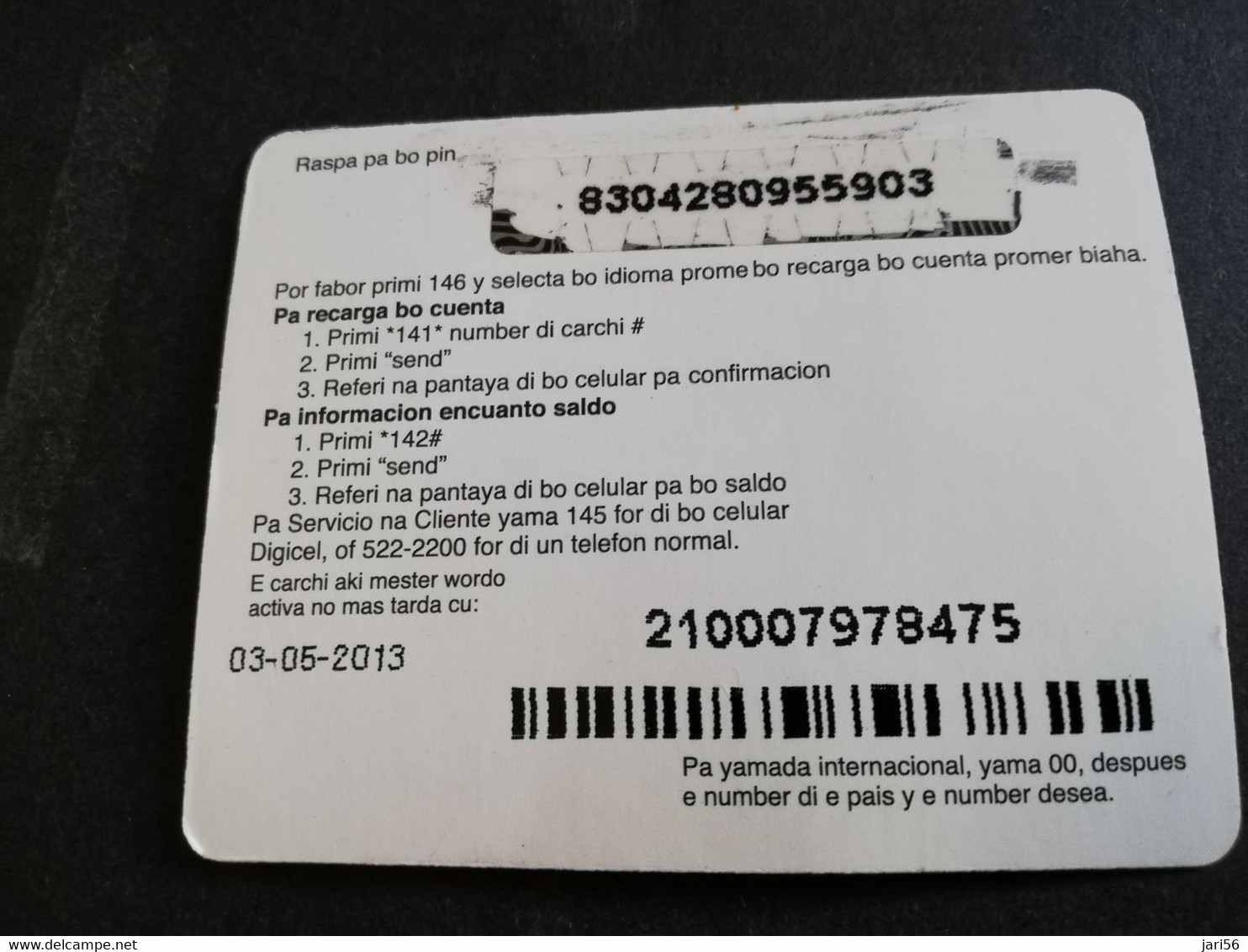 ARUBA PREPAID CARD FLEXCARD  DATE 03/05/2013  GEENIE IN A BOTTLE                  AFL5 ,-    Fine Used Card  **5022** - Aruba