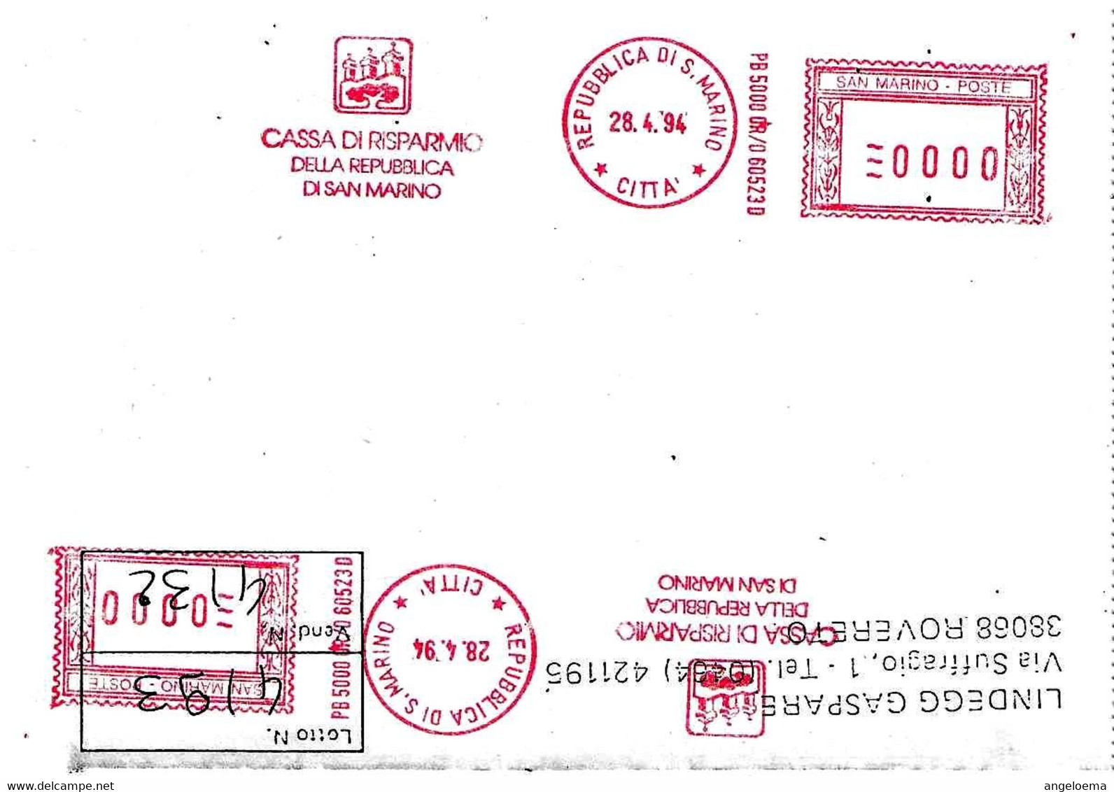 SAN MARINO - 1994 CASSA DI RISPARMIO RSM - Ema Doppia Affranc. Mecc.rossa Red Meter Su Cartoncino Non Viaggiato - 2041 - Covers & Documents