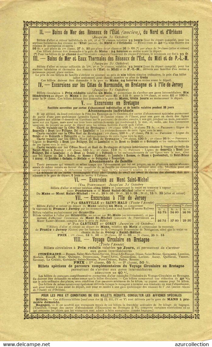 CHEMIN DE FER DE L'ETAT . 1910 . PRIX REDUITS . DEPART DU MANS - Europa