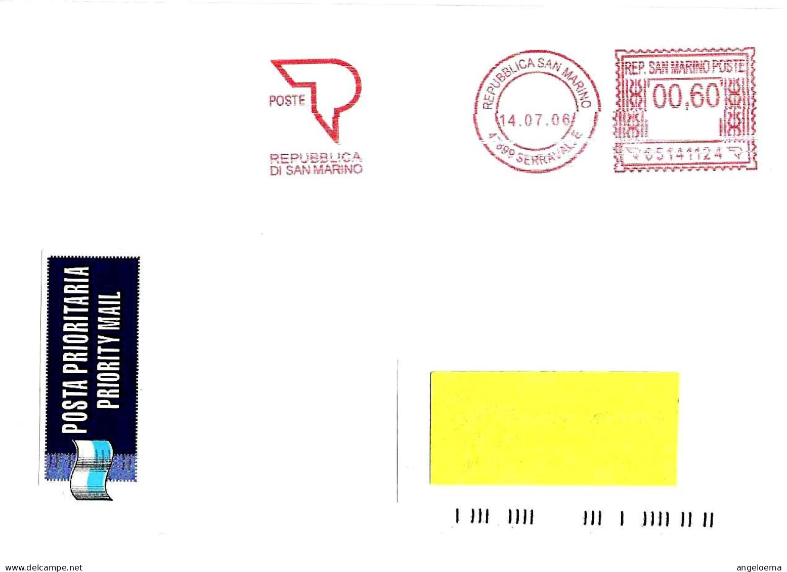 SAN MARINO - 2006 Ufficio PT SERRAVALLE- Ema Affranc.rossa Red Meter Su Busta Viaggiata Con Etichetta Prioritaria - 2045 - Covers & Documents