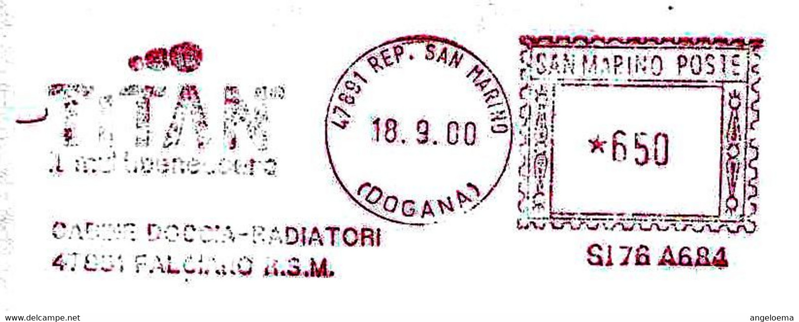 SAN MARINO - 2000 TITAN IL MULTIBENESSERE CABINE DOCCIA E RADIATORI - Ema Red Meter Affranc.rossa Su Busta Viagg.- 2050 - Lettres & Documents