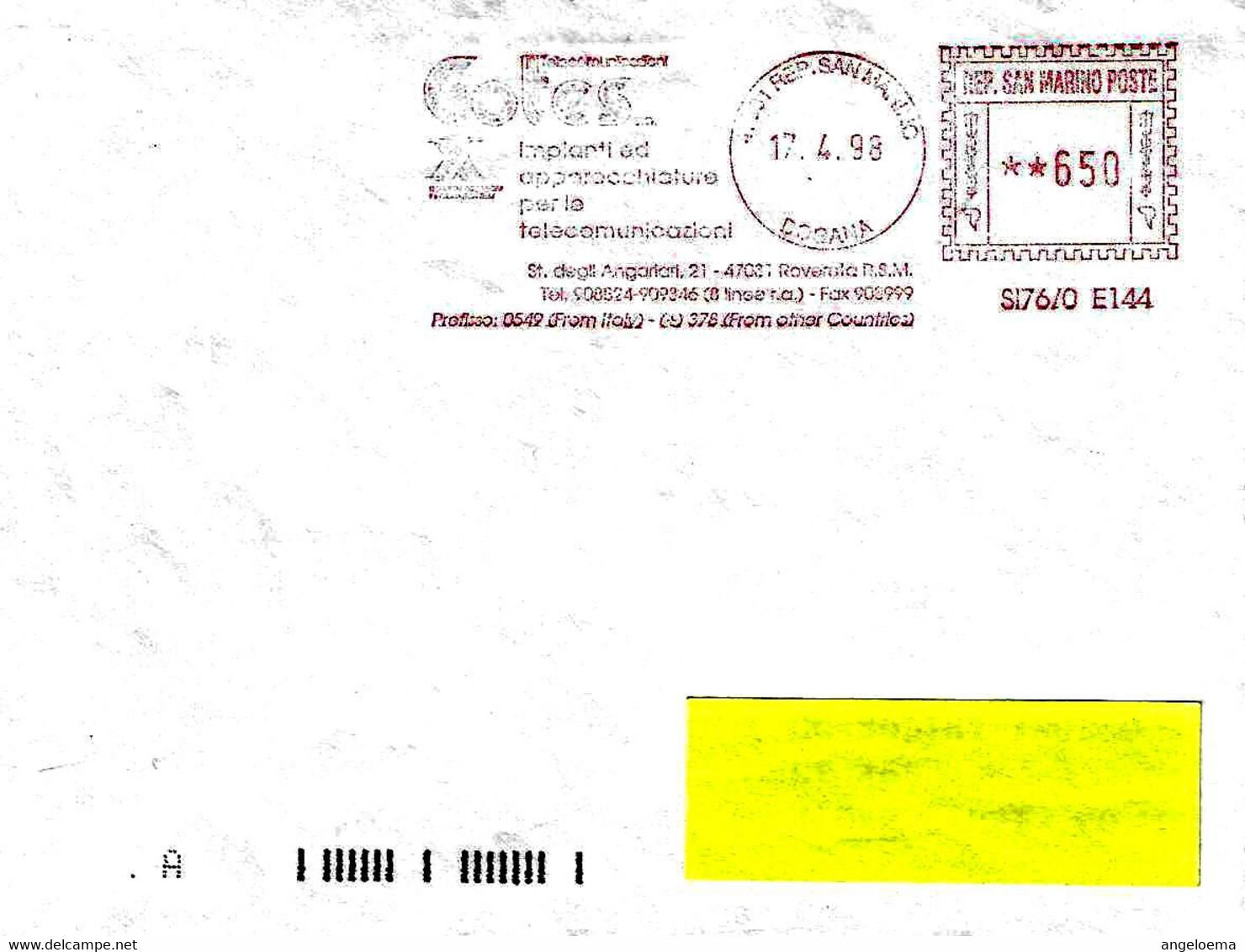 SAN MARINO - 1998 COTES IMPIANTI PER LE TELECOMUNICAZIONI Ema Red Meter Affranc.mecc.rossa Su Busta Viaggiata - 2049 - Lettres & Documents