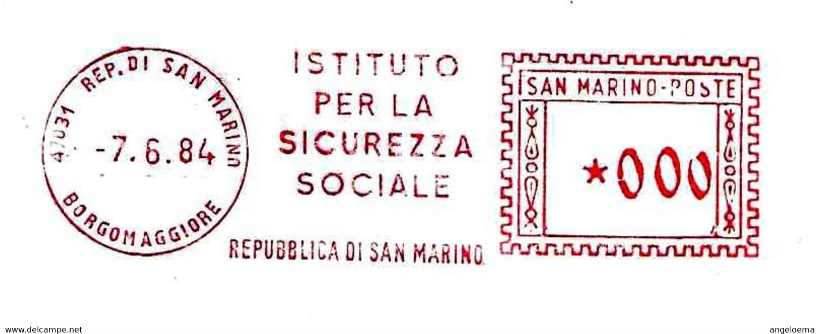 SAN MARINO - 1984 ISTITUTO SICUREZZA SOCIALE - Ema Red Meter Affrancatura Rossa Su Retro Cartoncino Viaggiato - 2053 - Cartas & Documentos