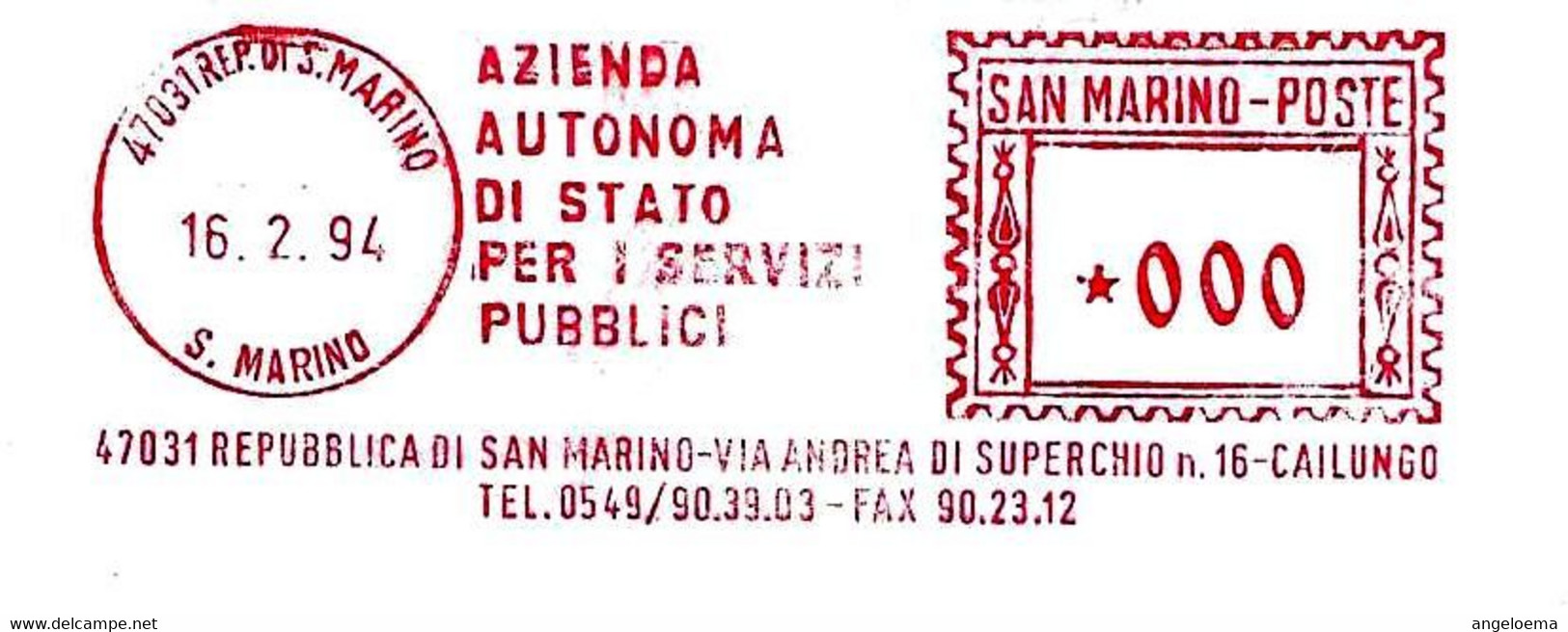 SAN MARINO - 1994 AZIENDA AUT.STATO SERVIZI PUBBLICI - Ema Red Meter Affrancatura Rossa Su Busta Non Viaggiata - 2055 - Lettres & Documents