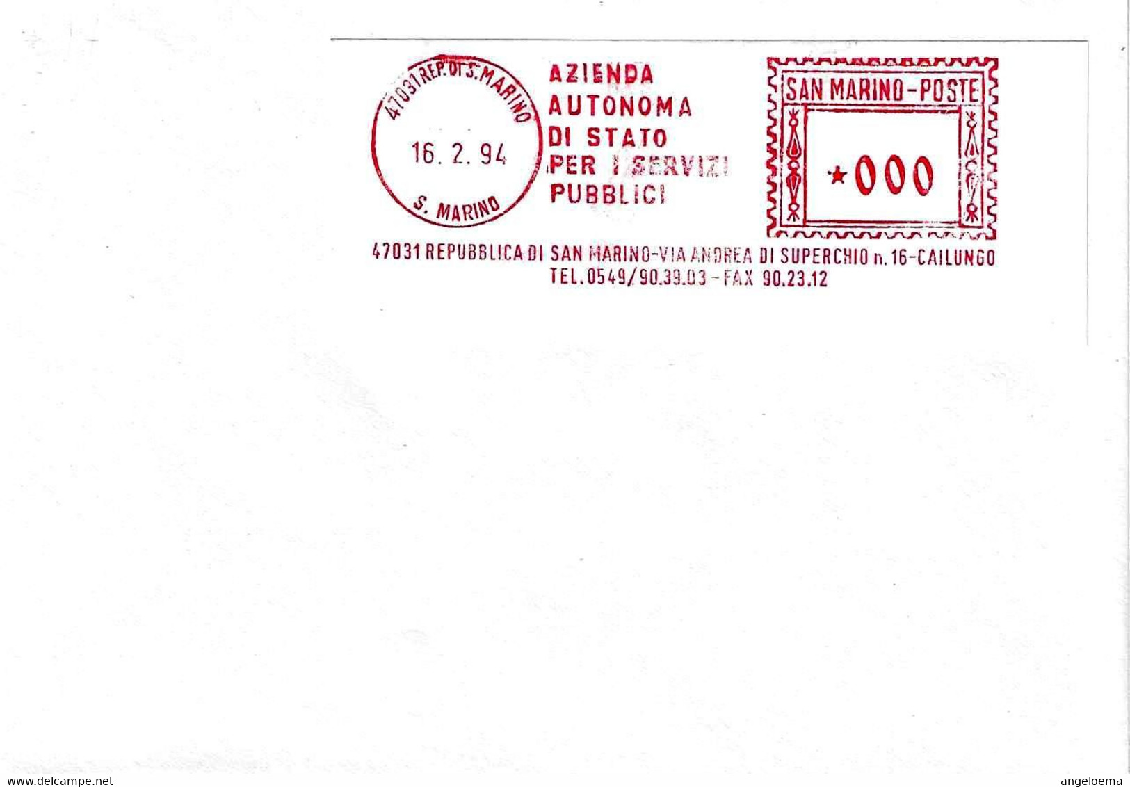 SAN MARINO - 1994 AZIENDA AUT.STATO SERVIZI PUBBLICI - Ema Red Meter Affrancatura Rossa Su Busta Non Viaggiata - 2055 - Cartas & Documentos