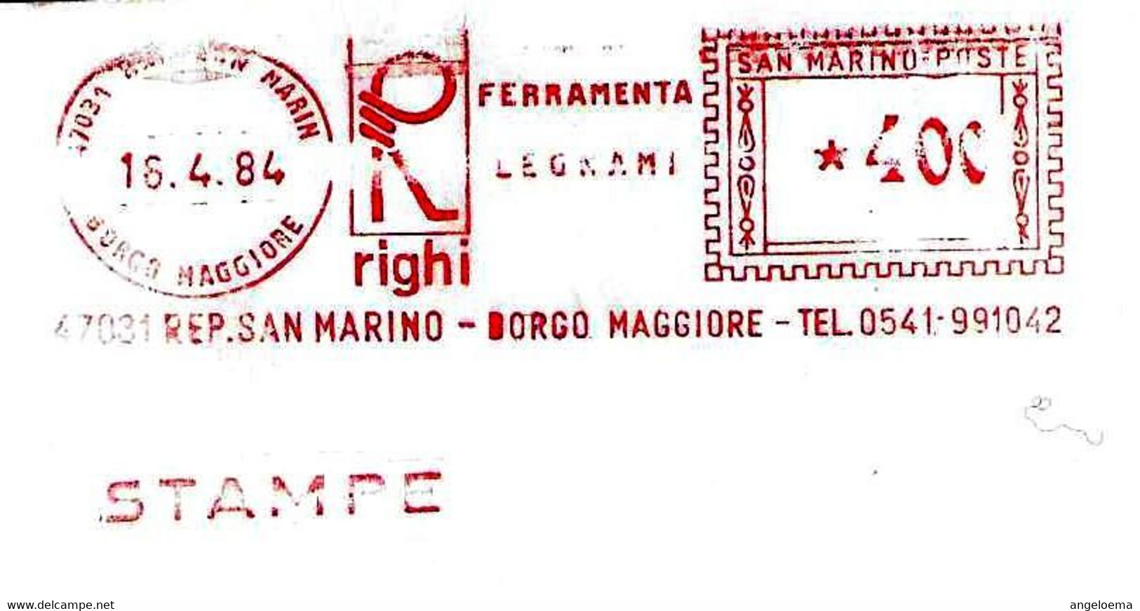 SAN MARINO - 1984 RIGHI FERRAMENTA - Ema Affrancatura Meccanica Rossa Red Meter Su Cartoncino Viaggiato - 2058 - Lettres & Documents