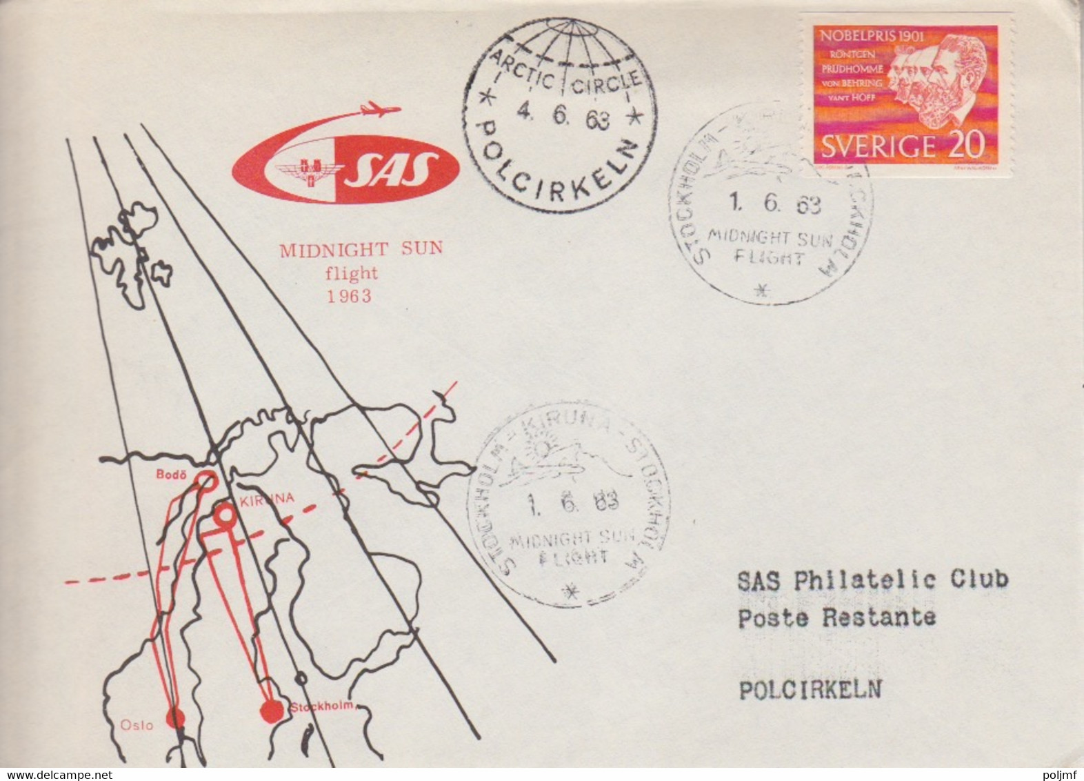 Suéde, Lettre (Midnight Sun Flight) Obl. Stockholm Le 1/6/63 Sur N° 488 (Röntgen) + Arctic Circle Le 4/6/63 - Briefe U. Dokumente