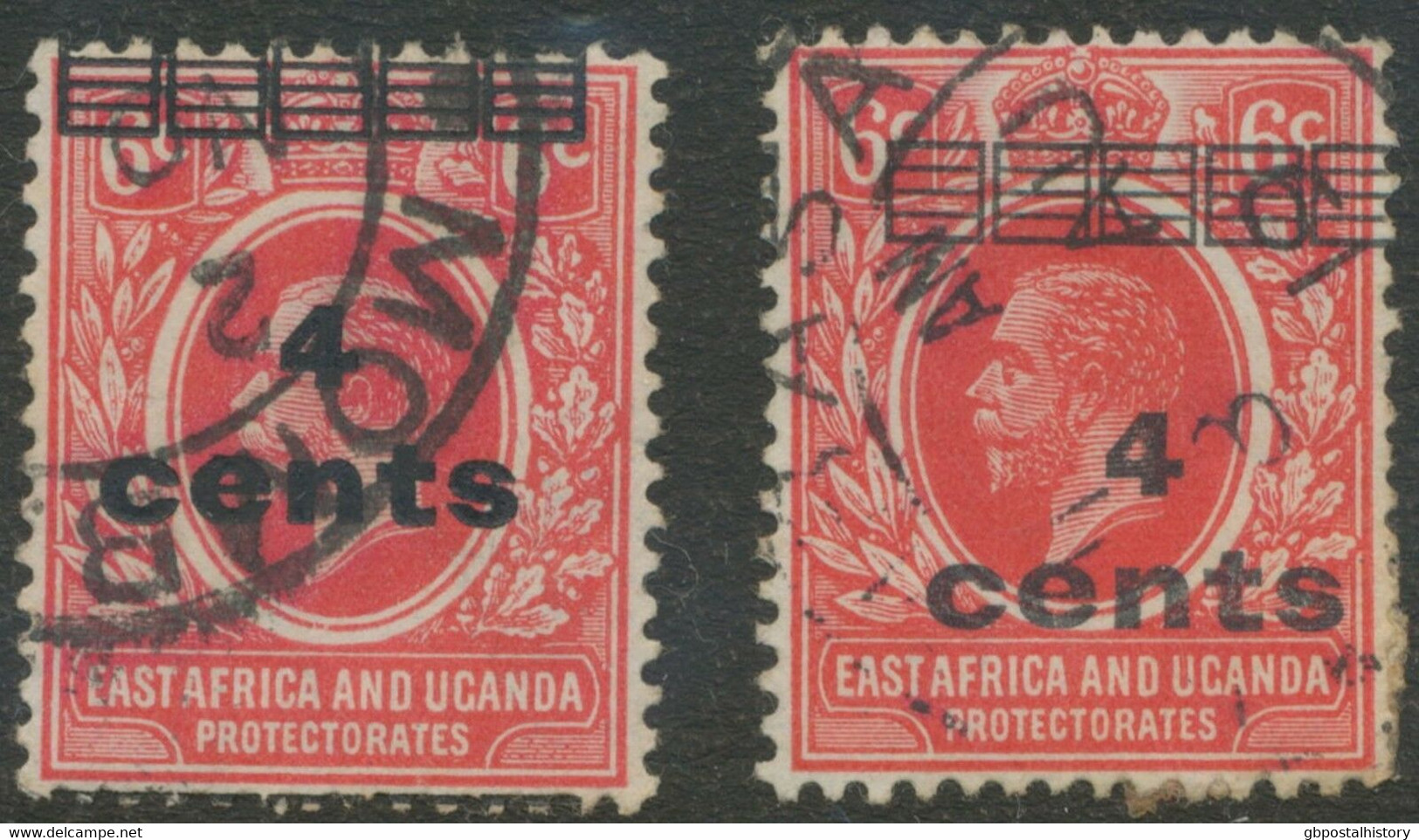 EAST AFRICA AND UGANDA PROTECTORATES 1919 George V 4 Cents On 6 C TWO VARIETIES - Kenya, Uganda & Tanganyika