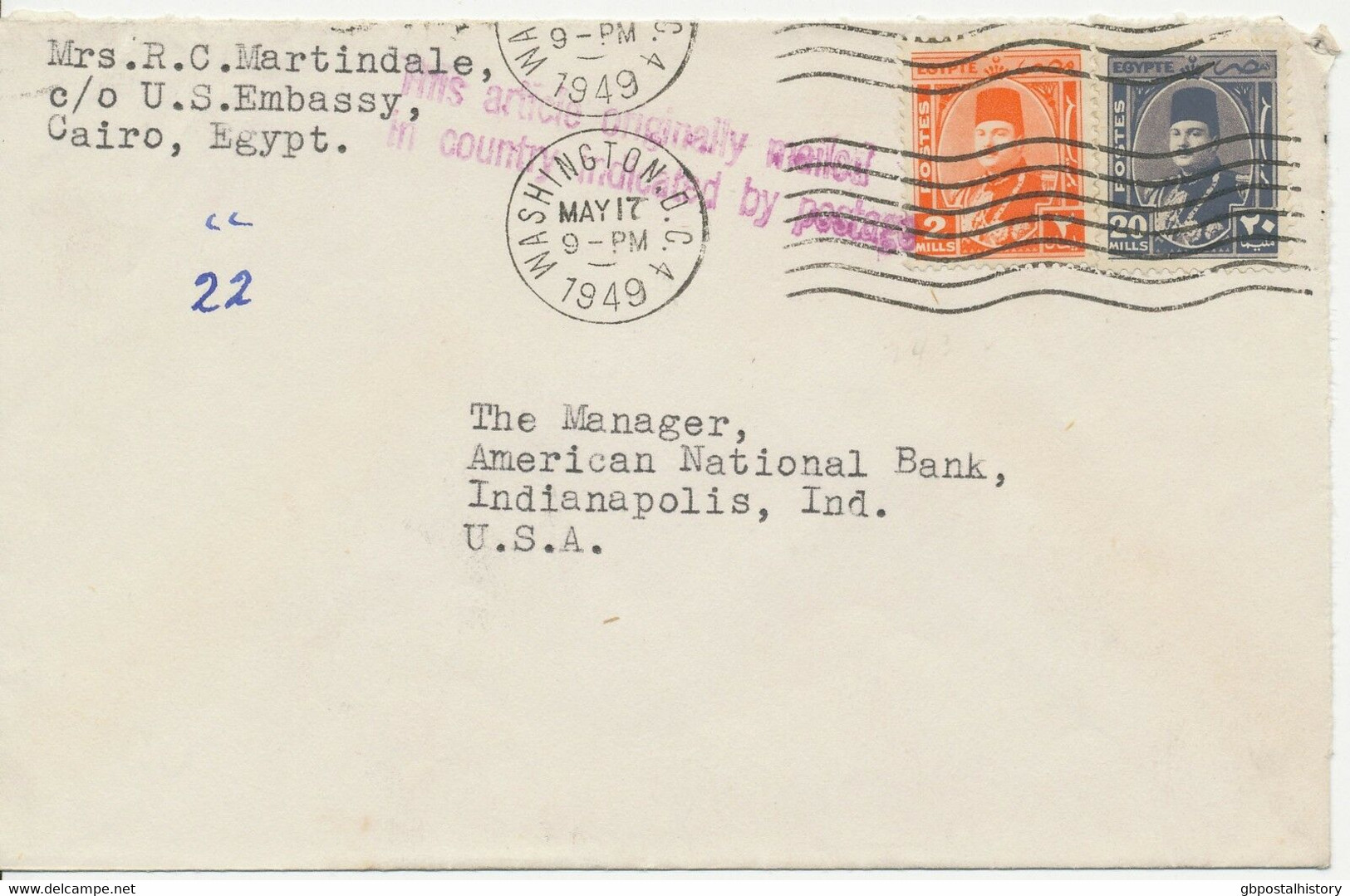 EGYPT / USA 1949 King Faruk 2M And 20M Mixed Postage VF Cover STAMPED WASHINGTON - Brieven En Documenten