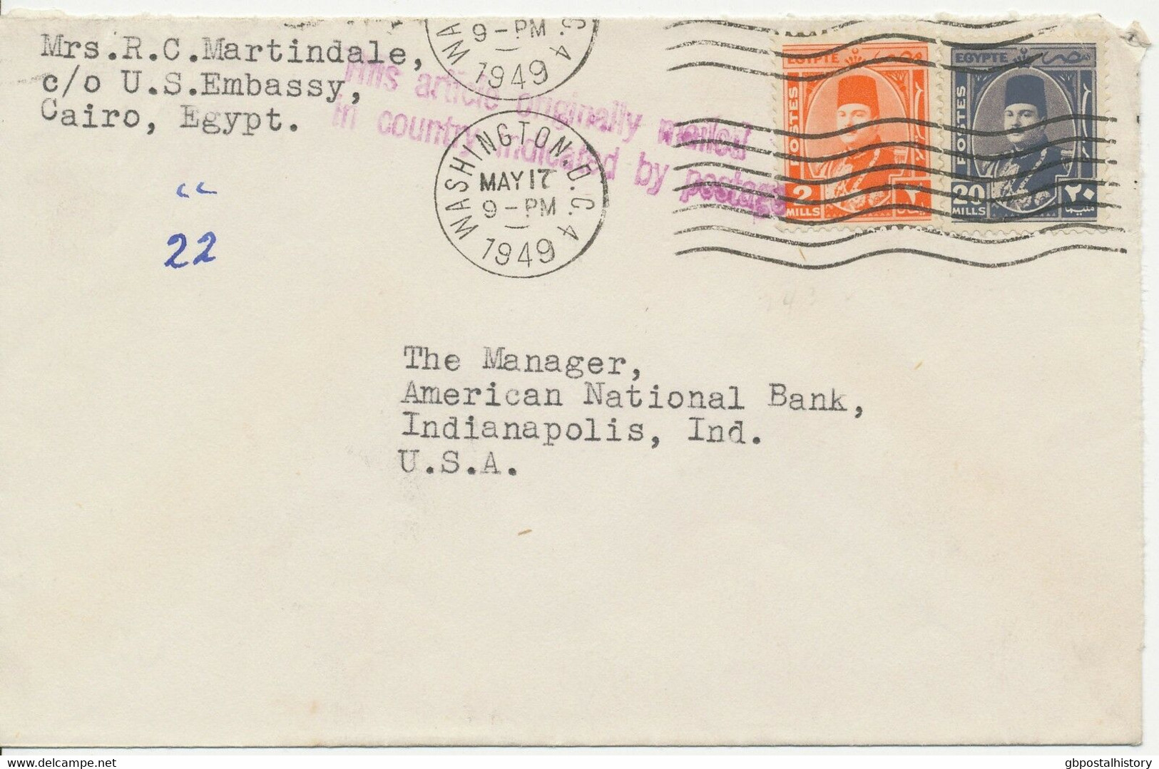 EGYPT / USA 1949 King Faruk 2M And 20M Mixed Postage VF Cover STAMPED WASHINGTON - Briefe U. Dokumente