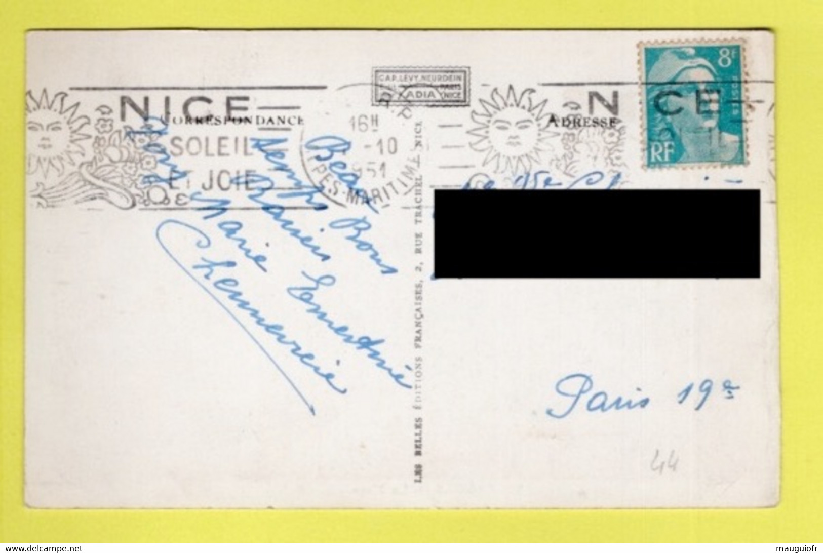 SUR CARTE-POSTALE / TP 810 MARIANNE DE GANDON OBL. 1 -10 1951 FLAMME : NICE SOLEIL ET JOIE - Briefe U. Dokumente