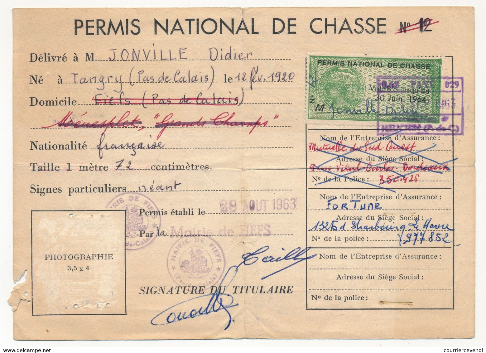FRANCE - Permis National De Chasse - 1963 - Mairie De Hees - Timbres 1964 à 1968 - Photo Manquante, Arrachée - Otros & Sin Clasificación