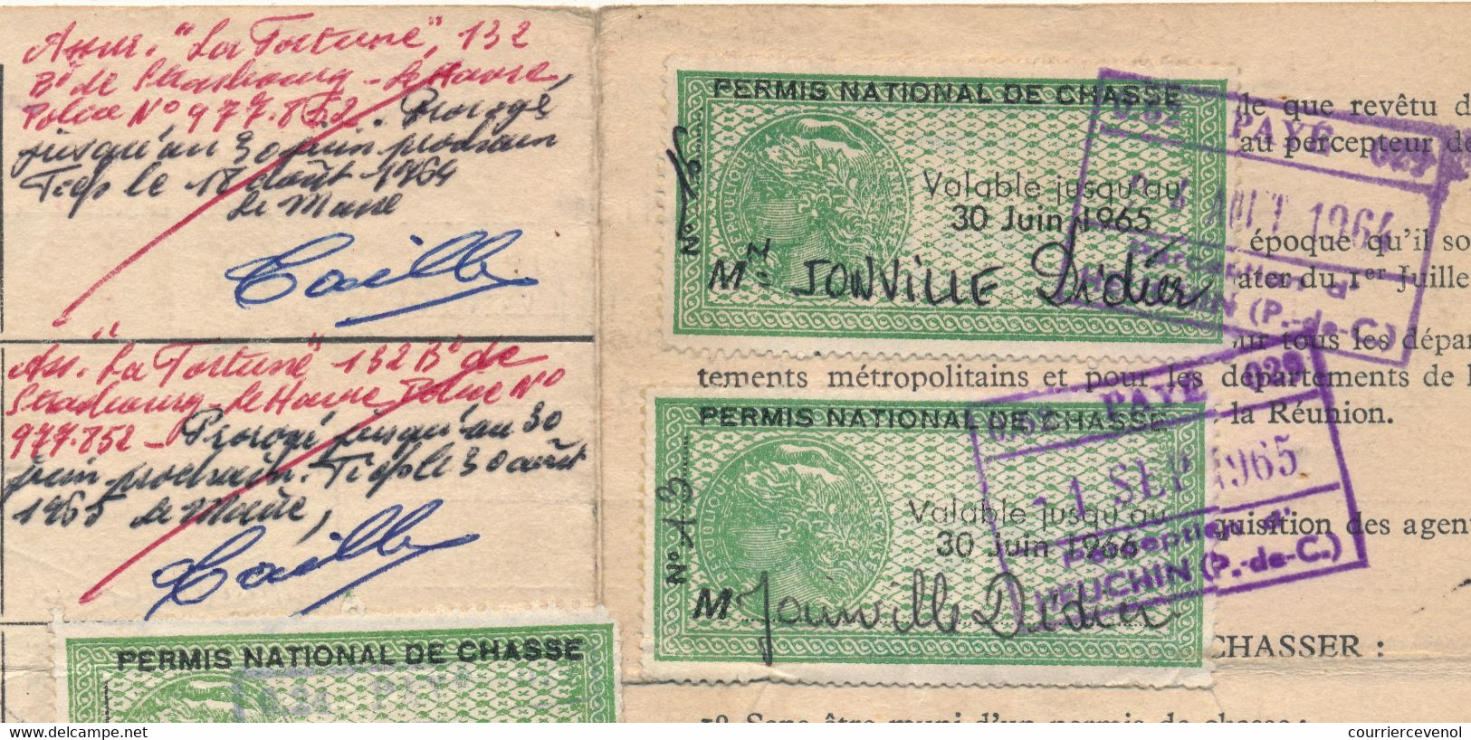 FRANCE - Permis National De Chasse - 1963 - Mairie De Hees - Timbres 1964 à 1968 - Photo Manquante, Arrachée - Altri & Non Classificati