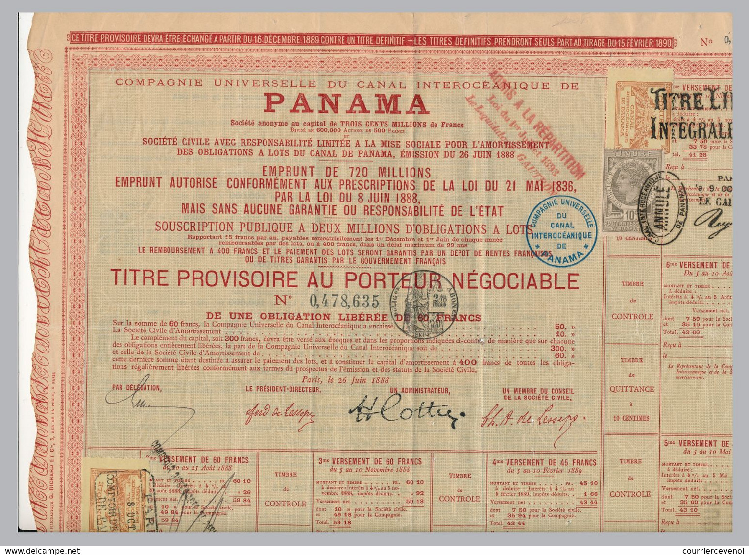 Titre Au Porteur CANAL De PANAMA - 10c Quittance X2 Et Semi Officiel Canal X2 - Cachets De Paris 1888 - Otros & Sin Clasificación