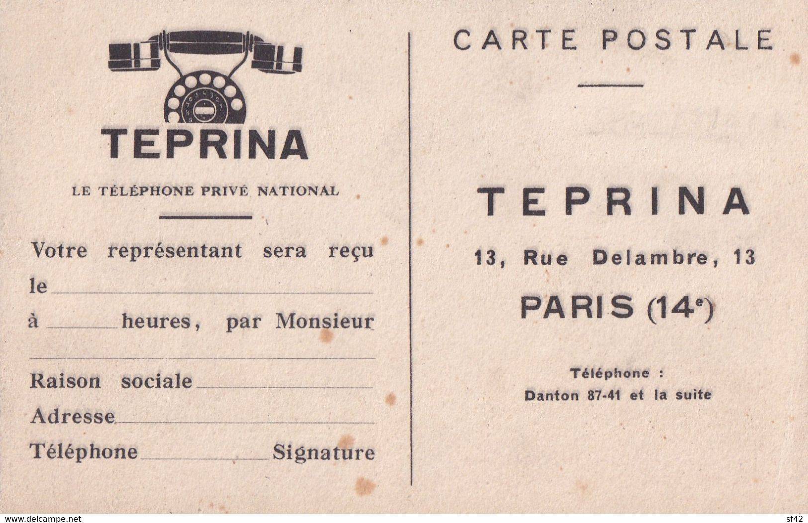 PARIS      TEPRINA   LE TELEPHONE PRIVE NATIONAL . 13 RUE DELAMBRE.     THEME TELEPHONE - Arrondissement: 14