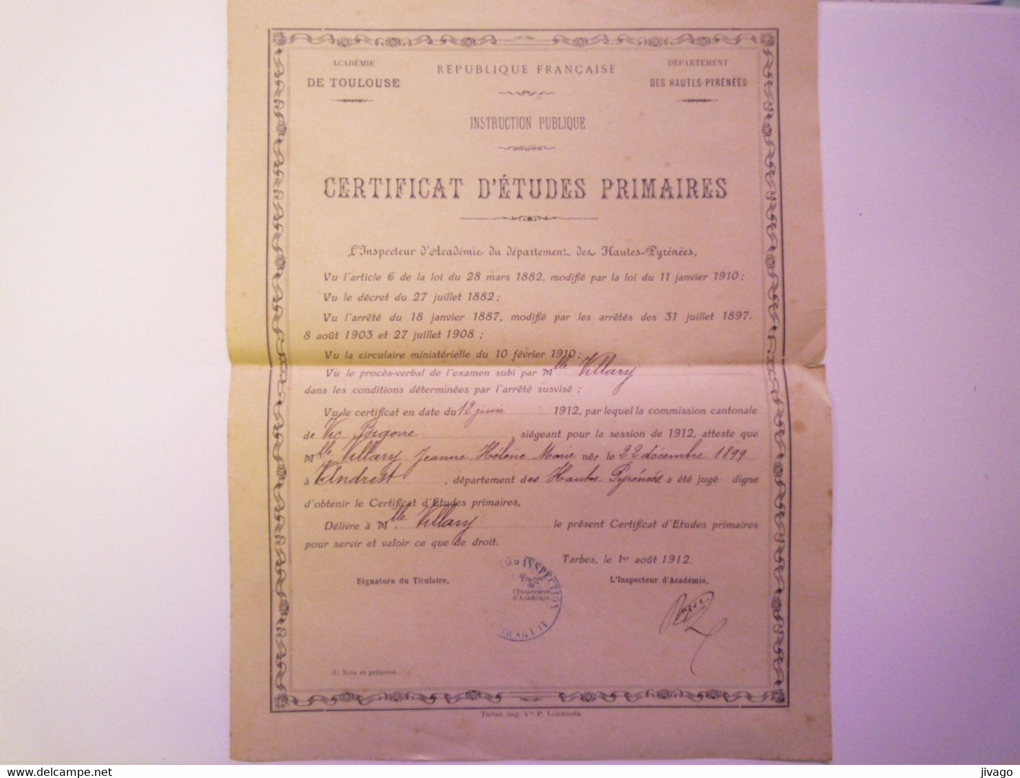 2021 - 936  TARBES  1912  :  Certificat D'Etudes Primaires De Jeanne VILLARY Née à ANDREST (65)  En 1899   XXX - Diplômes & Bulletins Scolaires