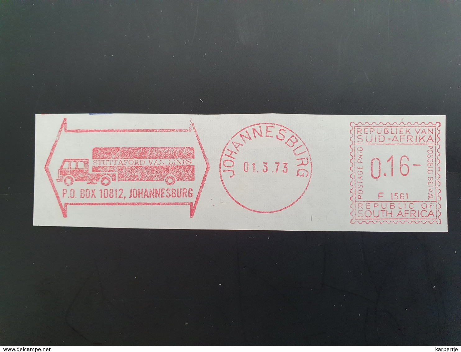 Machinecancel Stuttaford Van Lines. Zuid Afrika 1973 EMA Freistempel Metercancel Car - LKW