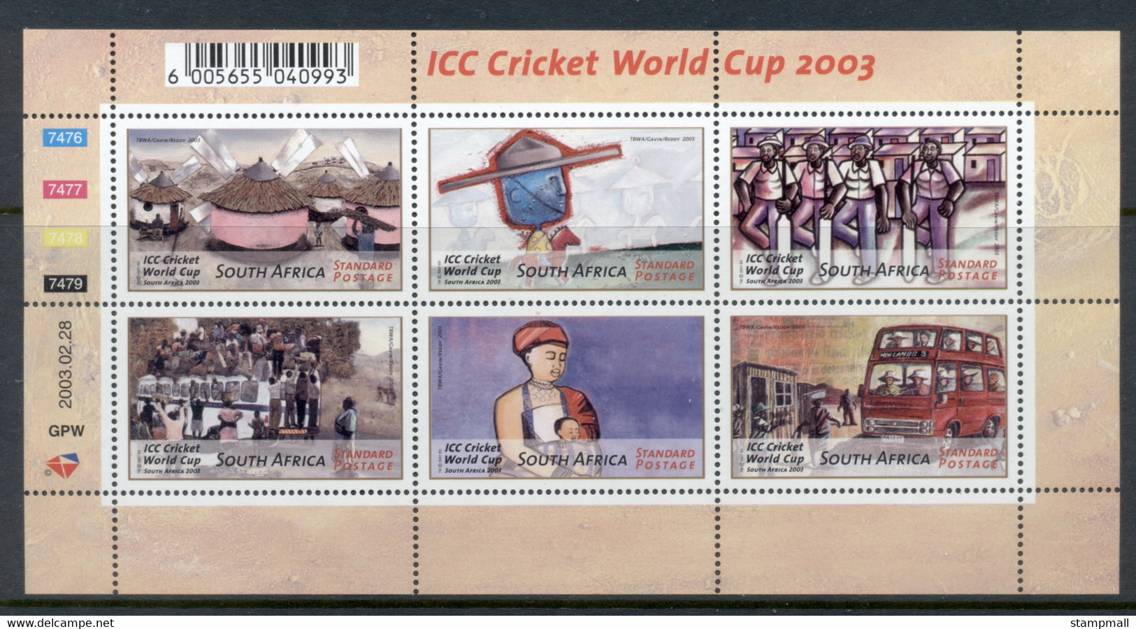 South Africa 2003 Cricket World Cup MS MUH - Other & Unclassified