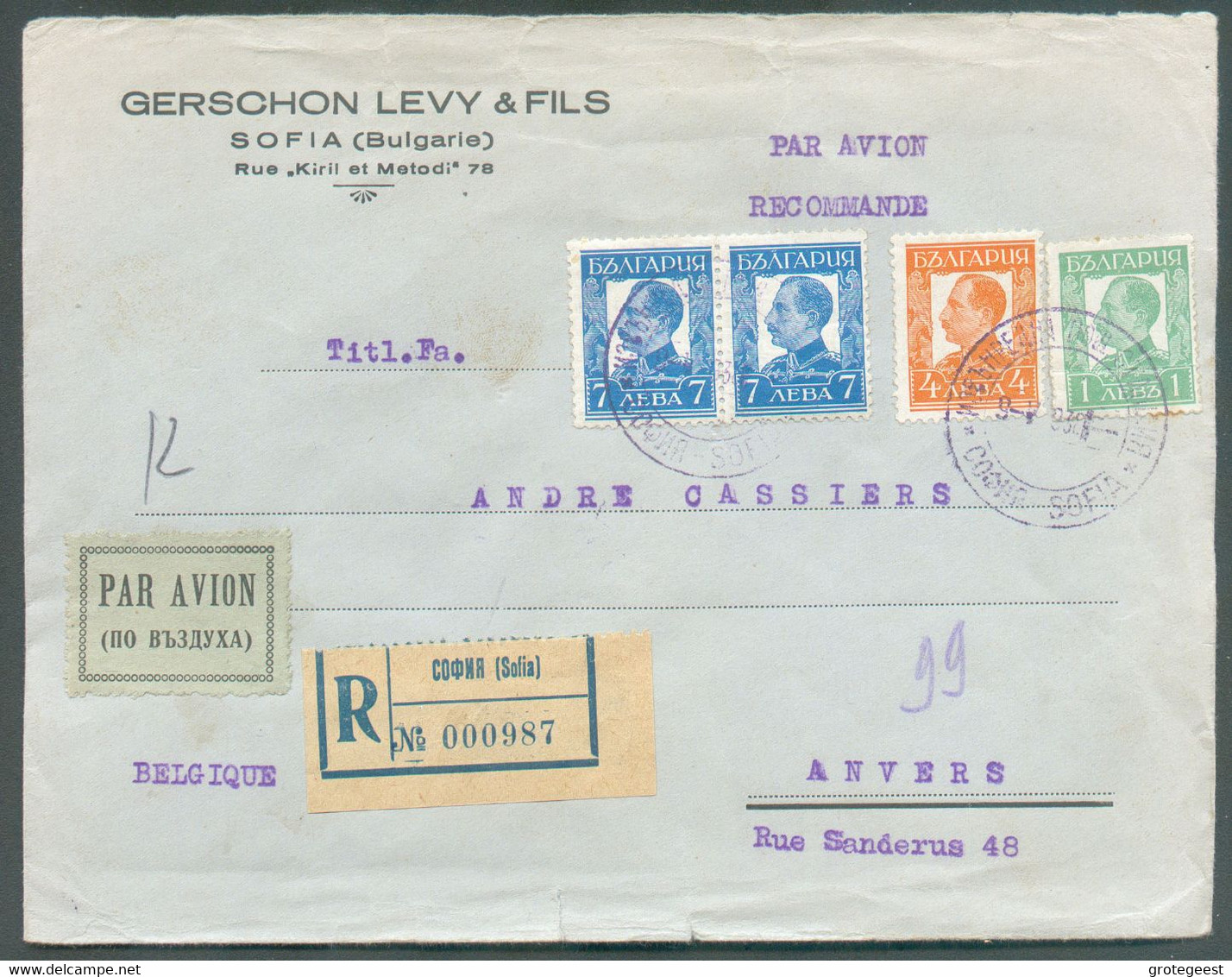 Enveloppe Recommandée De SOFIA Le 9 Mai 1938 + Etiq. Par Avion Vers Anvers. . TB  - 17353 - Briefe U. Dokumente