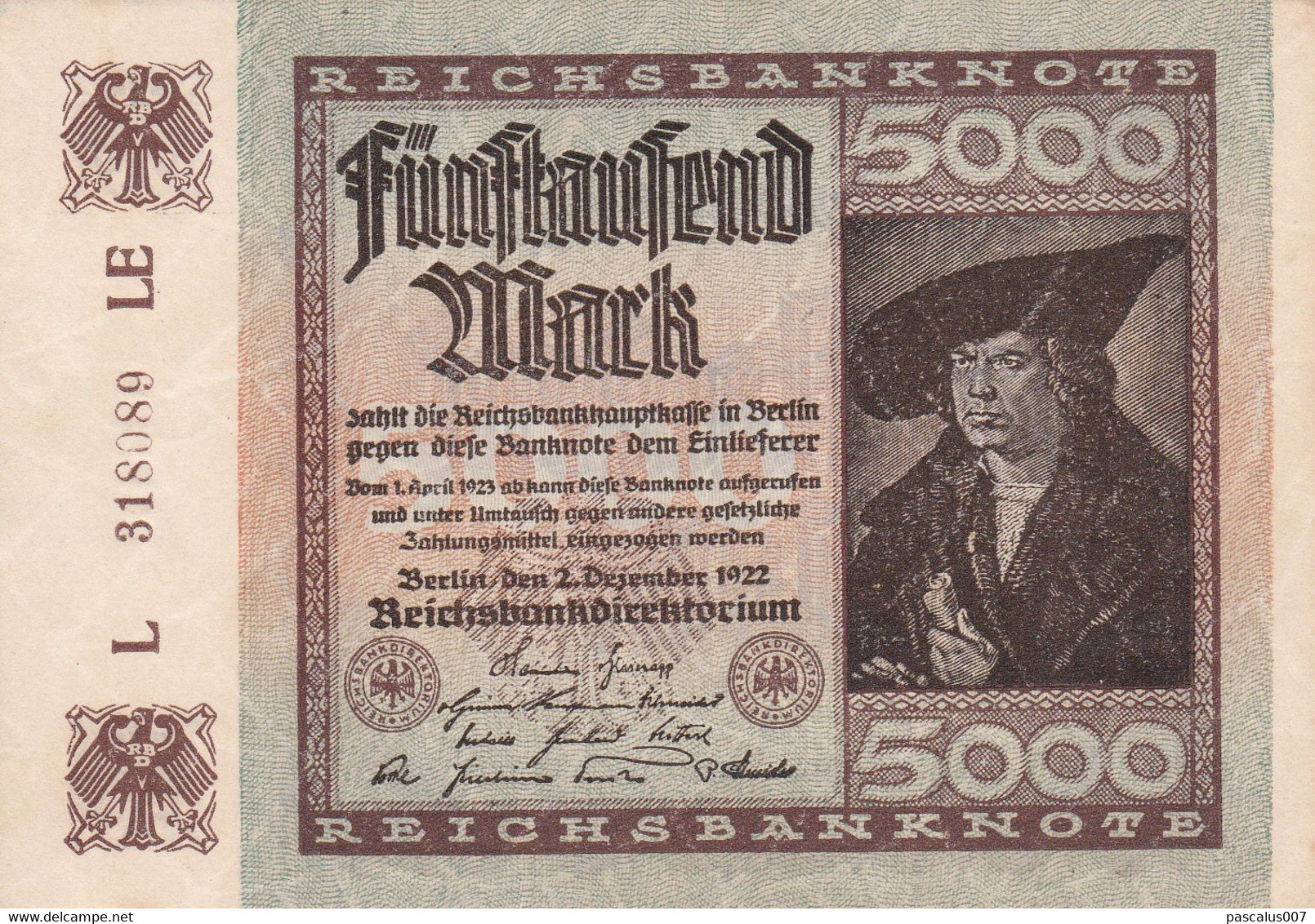 B01-355 Billet De Banque Allemagne German 5000 Mark Type Imhof  Reichanknote Painting Of Albrecht Dürer Berlin 02-12-192 - 5000 Mark