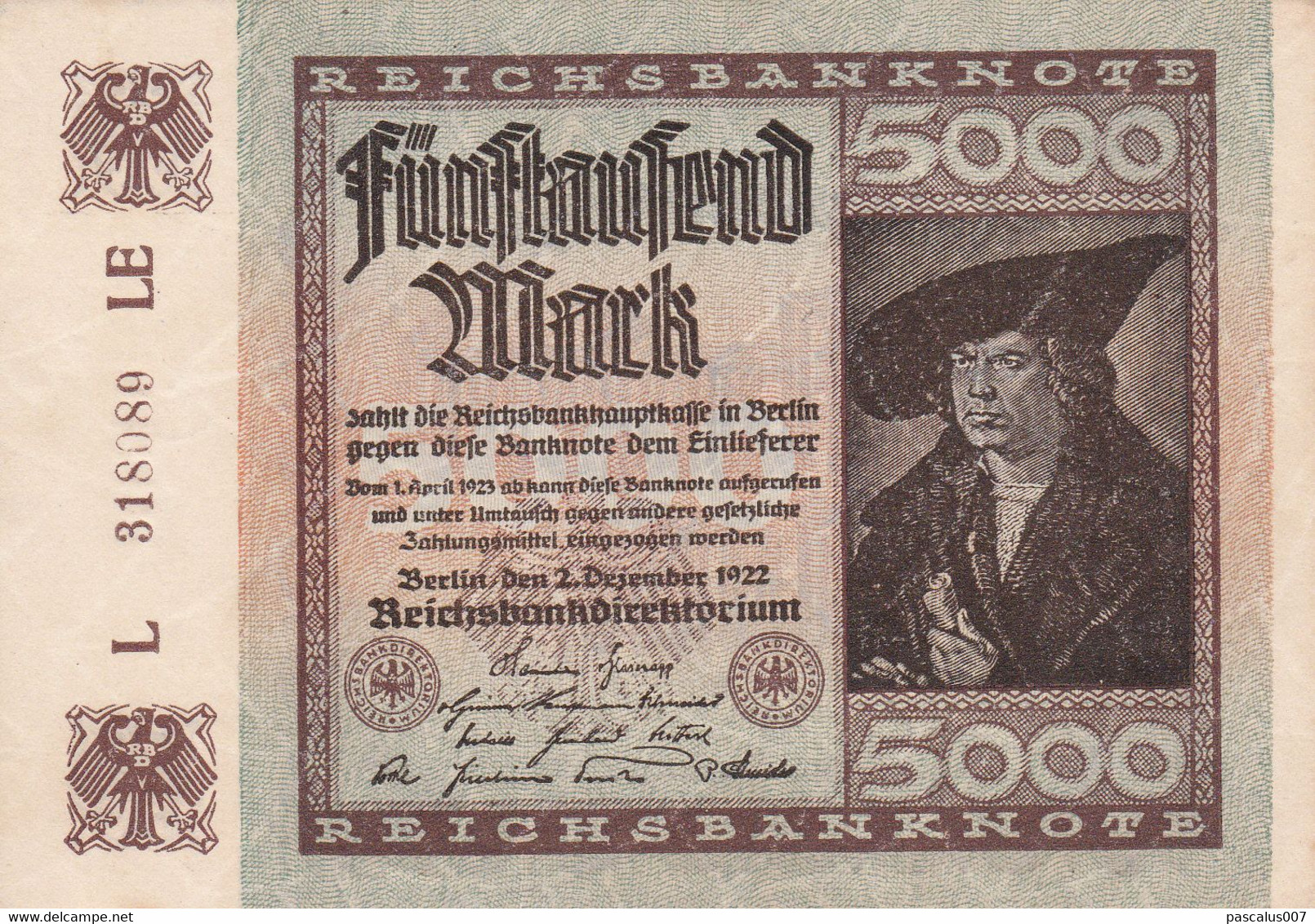 B01-355 Billet De Banque Allemagne German 5000 Mark Type Imhof  Reichanknote Painting Of Albrecht Dürer Berlin 02-12-192 - 5.000 Mark