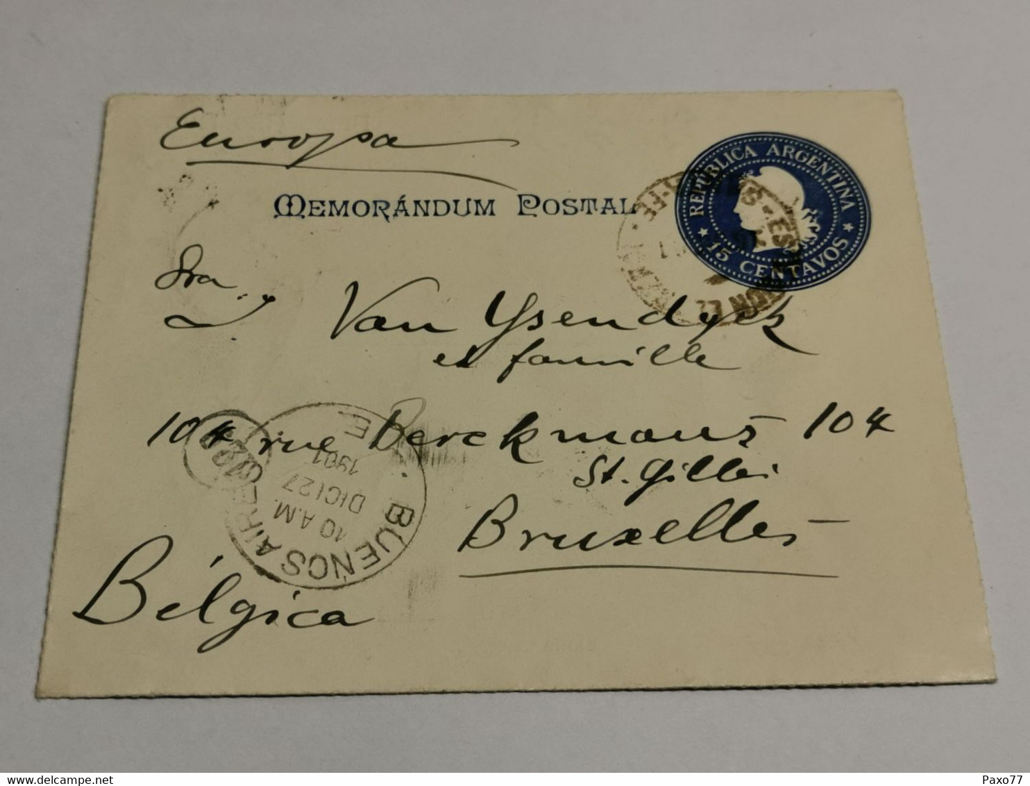 Mémorandum Postal, 15 Centavos Oblitéré Buenos Aires 1901 Envoyé à Bruxelles. Bahia Lapataia - Cartas & Documentos