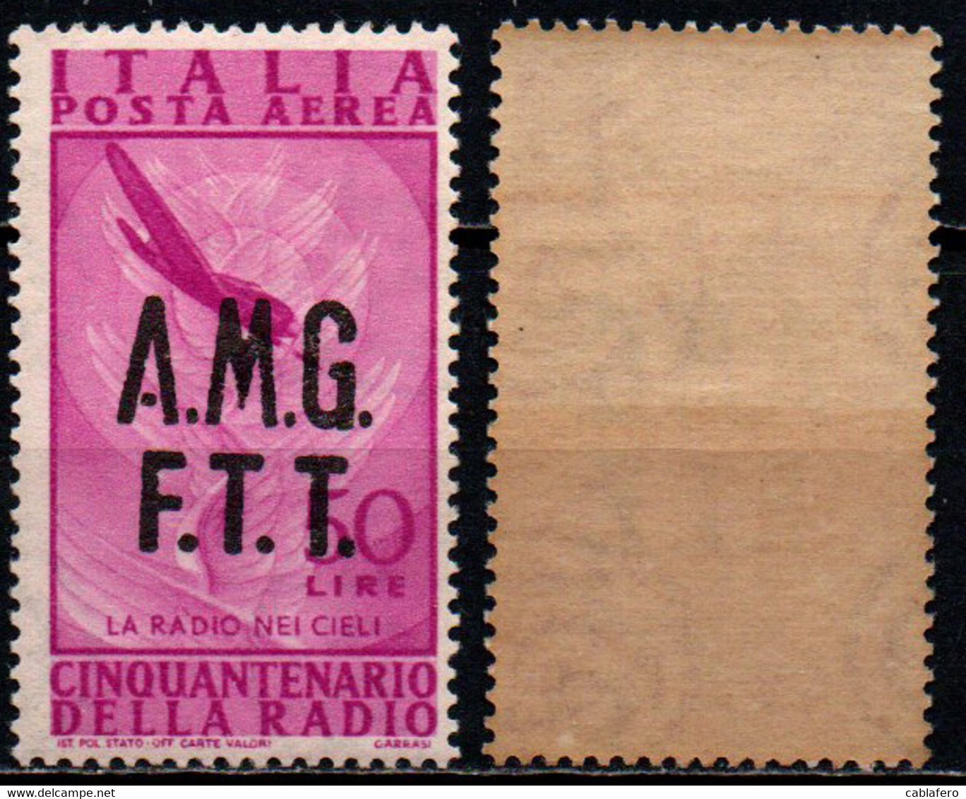 TRIESTE - AMGFTT - 1947 - CINQUANTENARIO DELLA RADIO - 50 LIRE - SOVRASTAMPA SU DUE RIGHE - GOMMA BICOLORE - MNH - Airmail