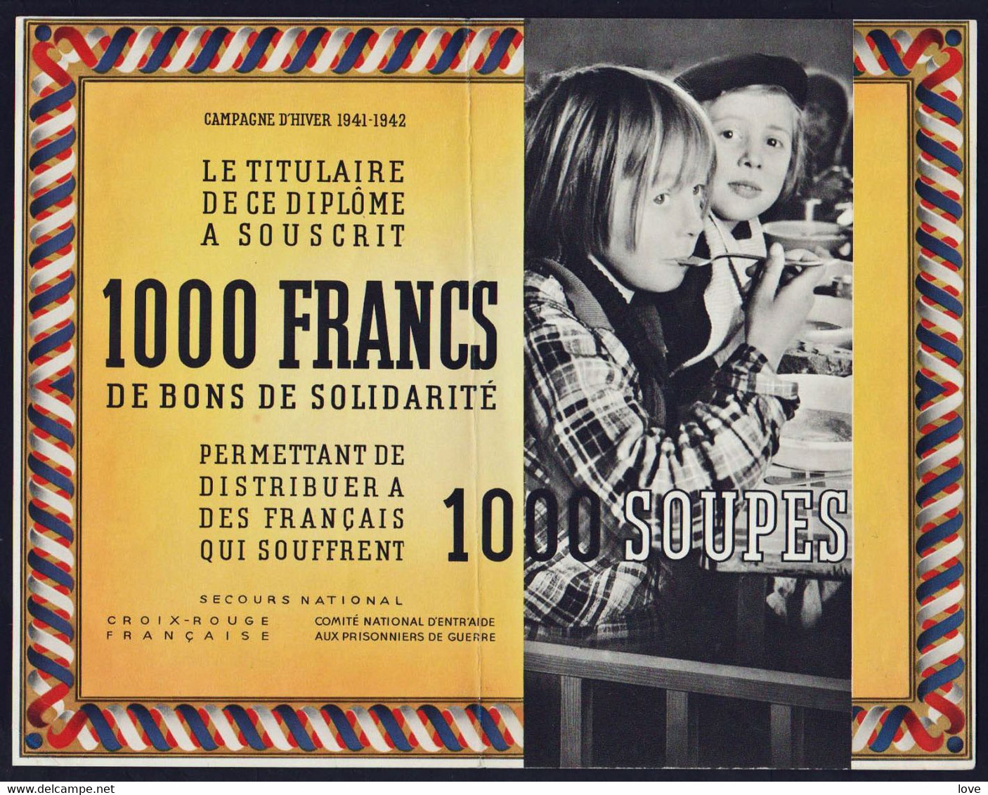 FRANCE Bons & Nécessité. Secours National (1941/42) Très RARE Bon De Solidarité Illustré De 1000F Pour..... - Bonos