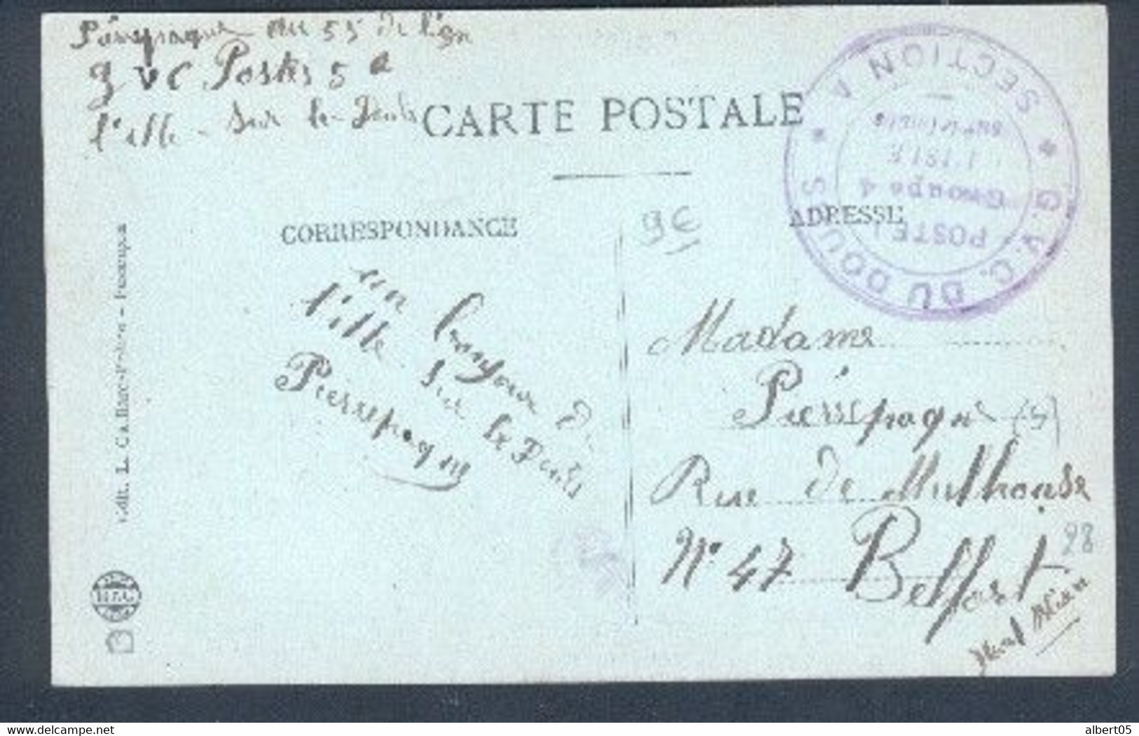 Guerre 1914/1918 - Cachet Militaire  GVC Du Doubs - Poste 1 Groupe 4 Section A L'Isle S Le Doubs La Vierge De La Côte - Isle Sur Le Doubs