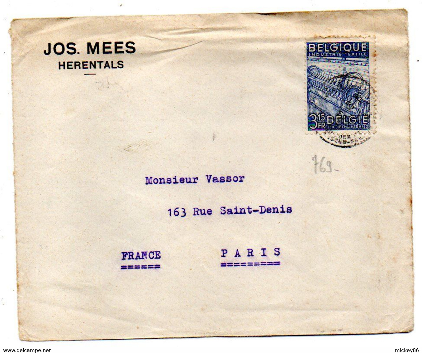 Belgique--1948--Lettre De HERENTALS Pour PARIS (France)  --tp N° 769 Seul Sur Lettre....JOS. MEES...à  Saisir - Cartas & Documentos