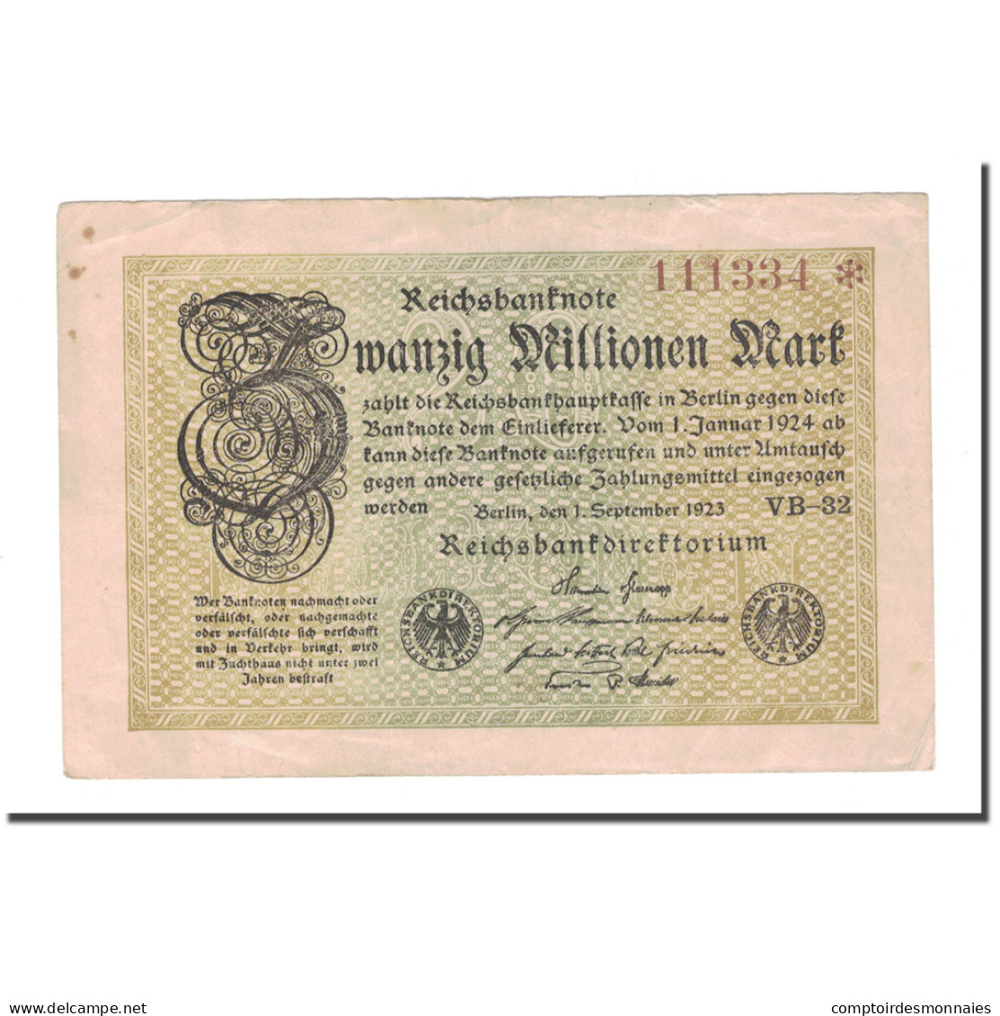 Billet, Allemagne, 20 Millionen Mark, 1923, 1923-09-01, KM:108d, TTB - 20 Mio. Mark