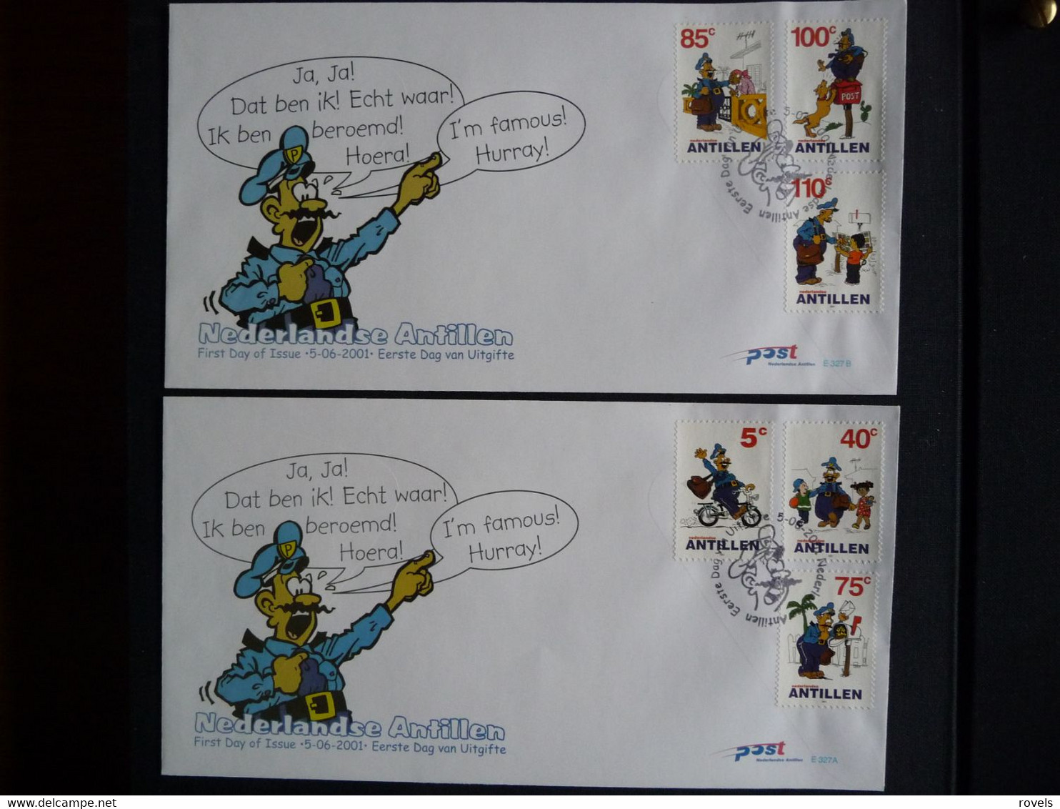 (4)   NEDERLANDSE ANTILLEN 2001 FDC 327A+Bfb STRIP CACTUS POSTBODE BROMMER MOTORBIKE BIRDS MAILBOX COMICS HOND DOG - Antillas Holandesas