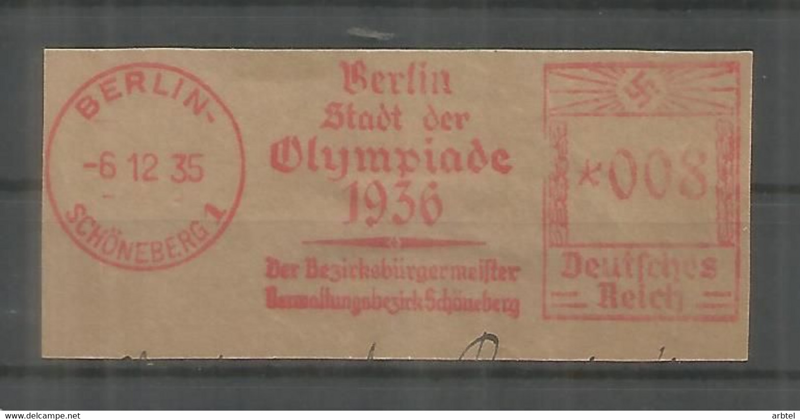 ALEMANIA 3 REICH 1936 JUEGOS OLIMPICOS BERLIN OLYMPIC GAMES METER FRANQUEO MECANICO - Sommer 1936: Berlin