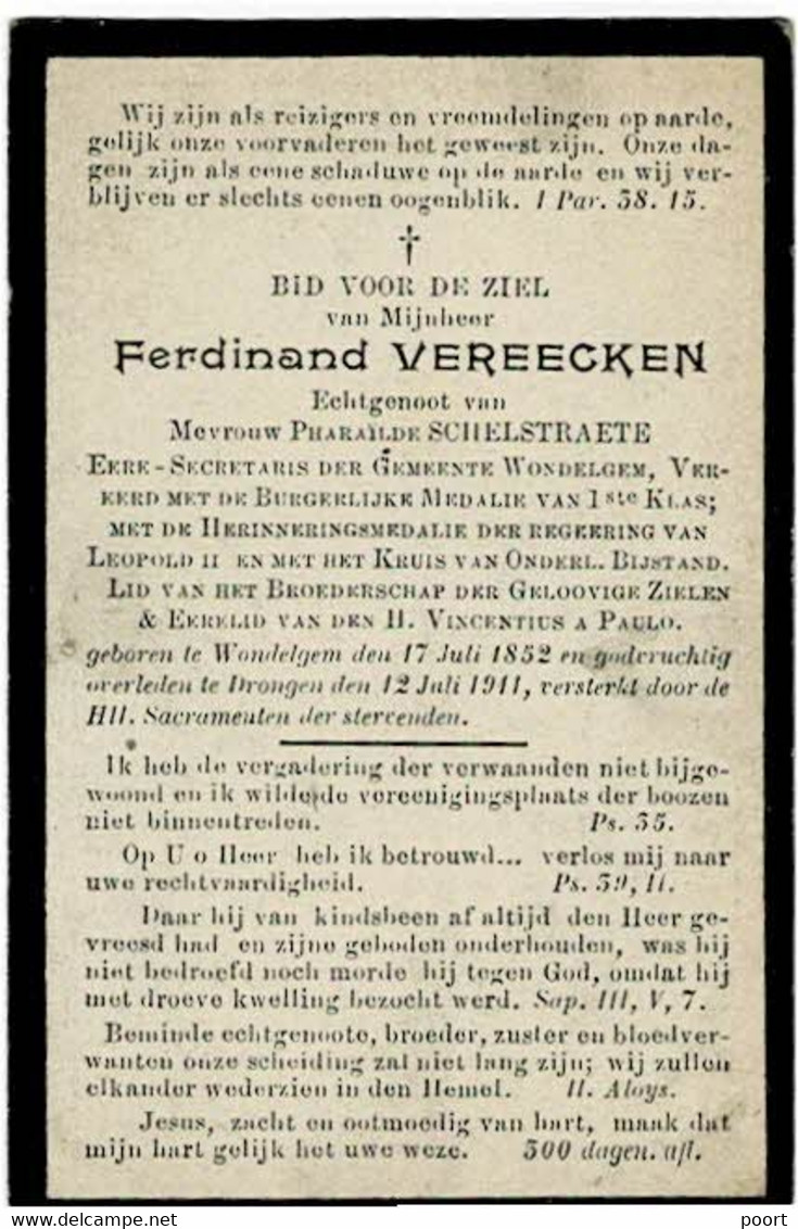 WONDELGEM / DRONGEN - Ferdinand VEREECKEN, Ere Secretaris Wondelgem - Echtg. P. SCHELSTRAETE - °1852 En +1911 - Images Religieuses