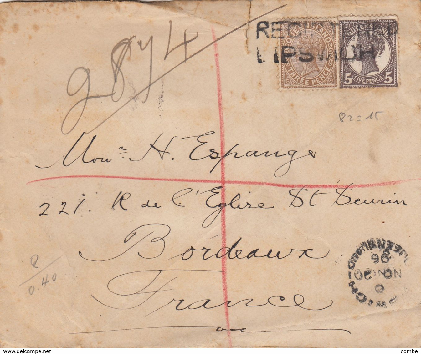 COVER. QUEENSLAND. REGISTERED 1896 TO BORDEAUX FRANCE - Lettres & Documents