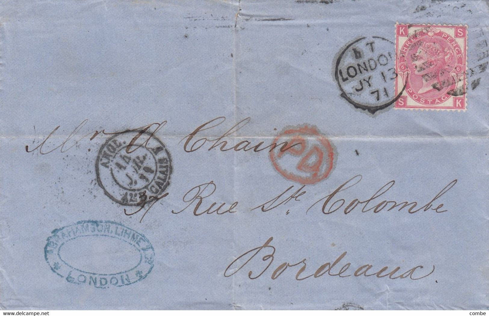 COVER. LONDON. 13 JY 71. TO BORDEAUX. VICTORIA THREE PENCE. KS. PLANCHE 6. PD. ANGL AMB CALAIS - Ohne Zuordnung